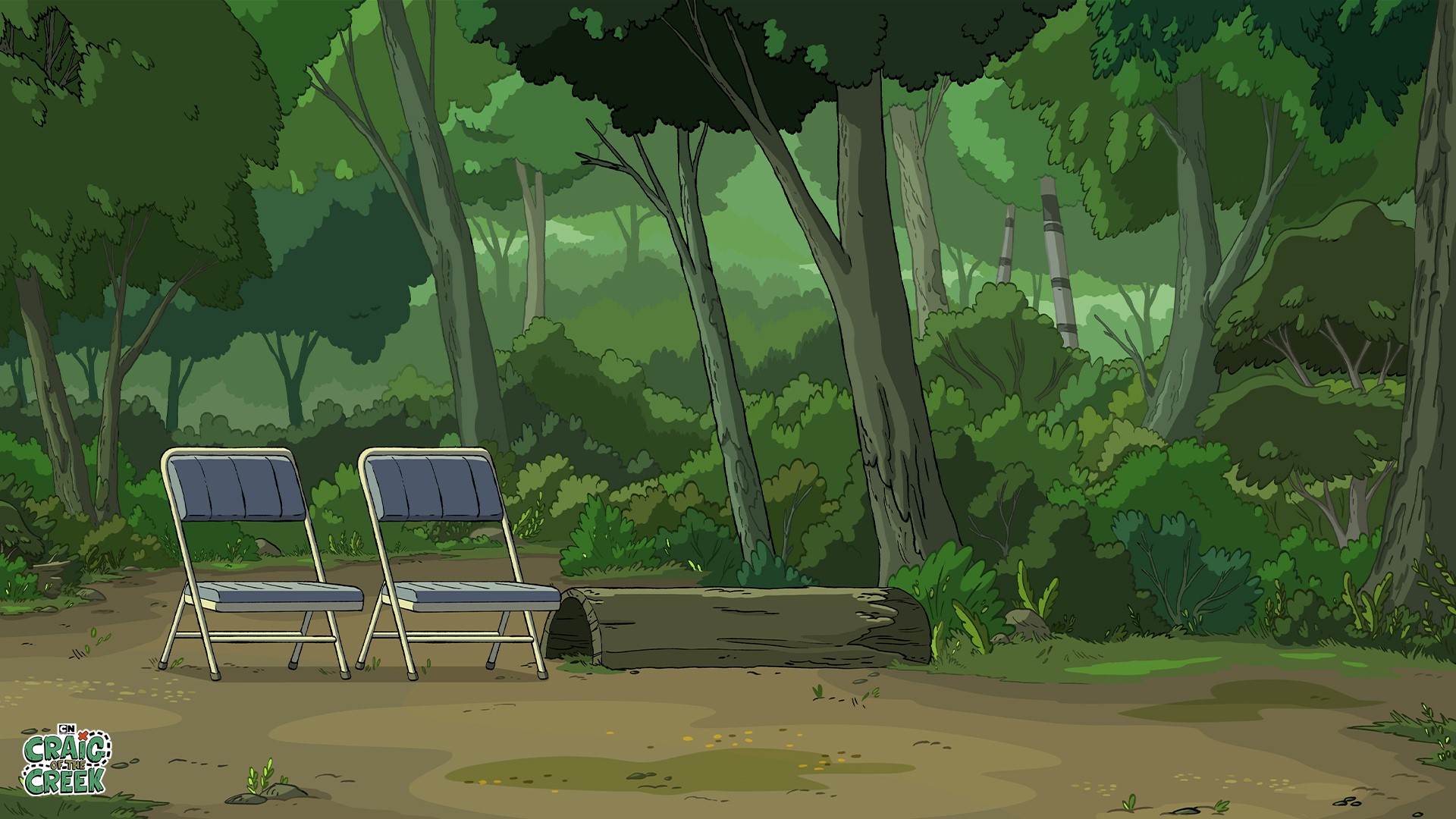 Two chairs and a log in a forest HD Wallpaper
