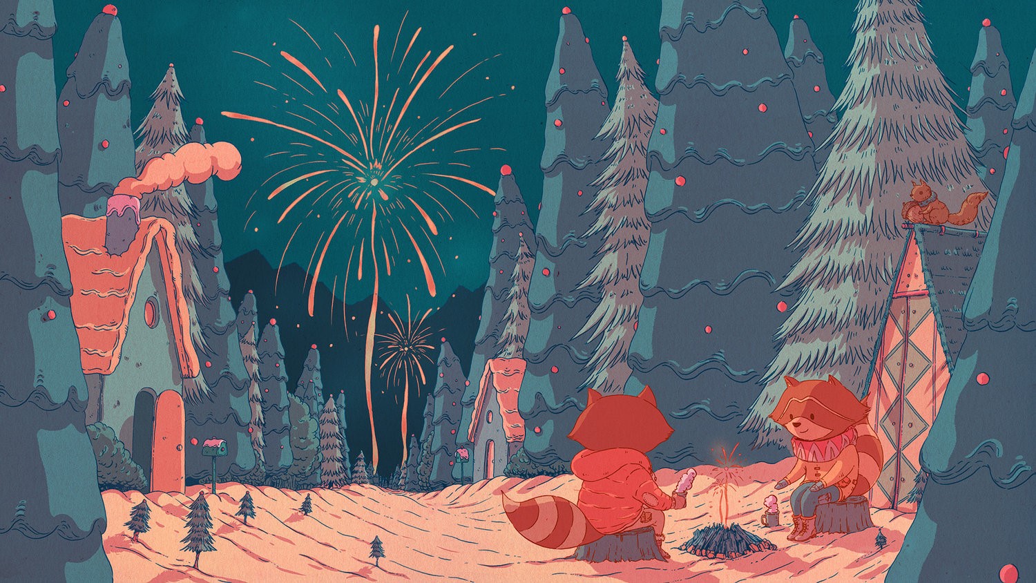 Raccoons watching fireworks in a snowy forest HD Wallpaper