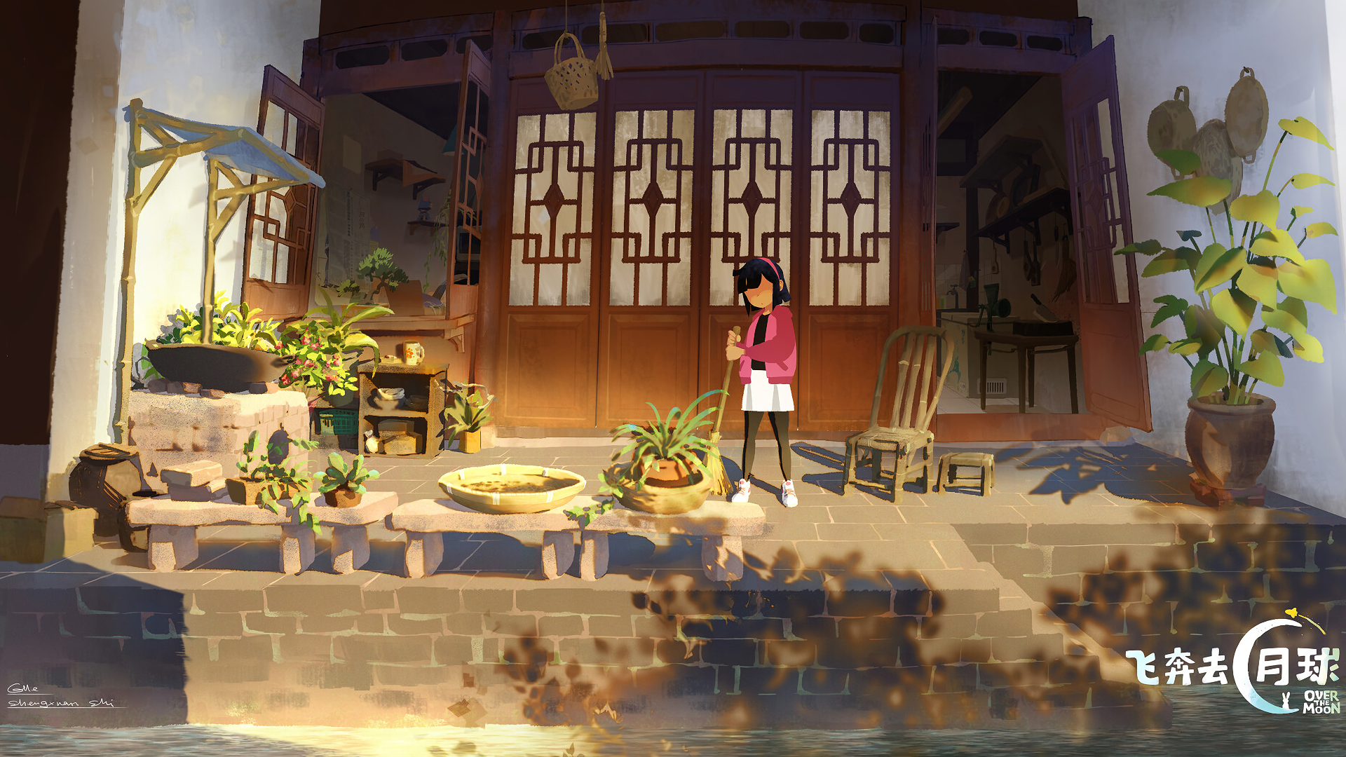 Fei Fei sweeping in front of a traditional Chinese building HD Wallpaper