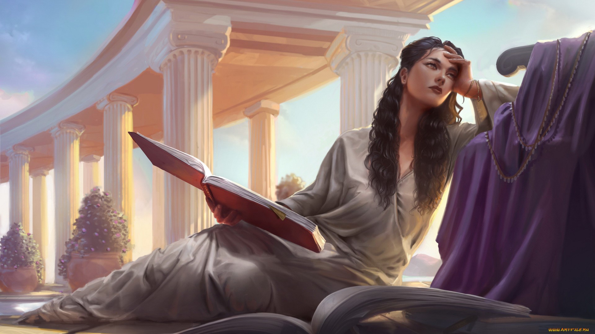Woman reading a book in ancient Greek architecture HD Wallpaper