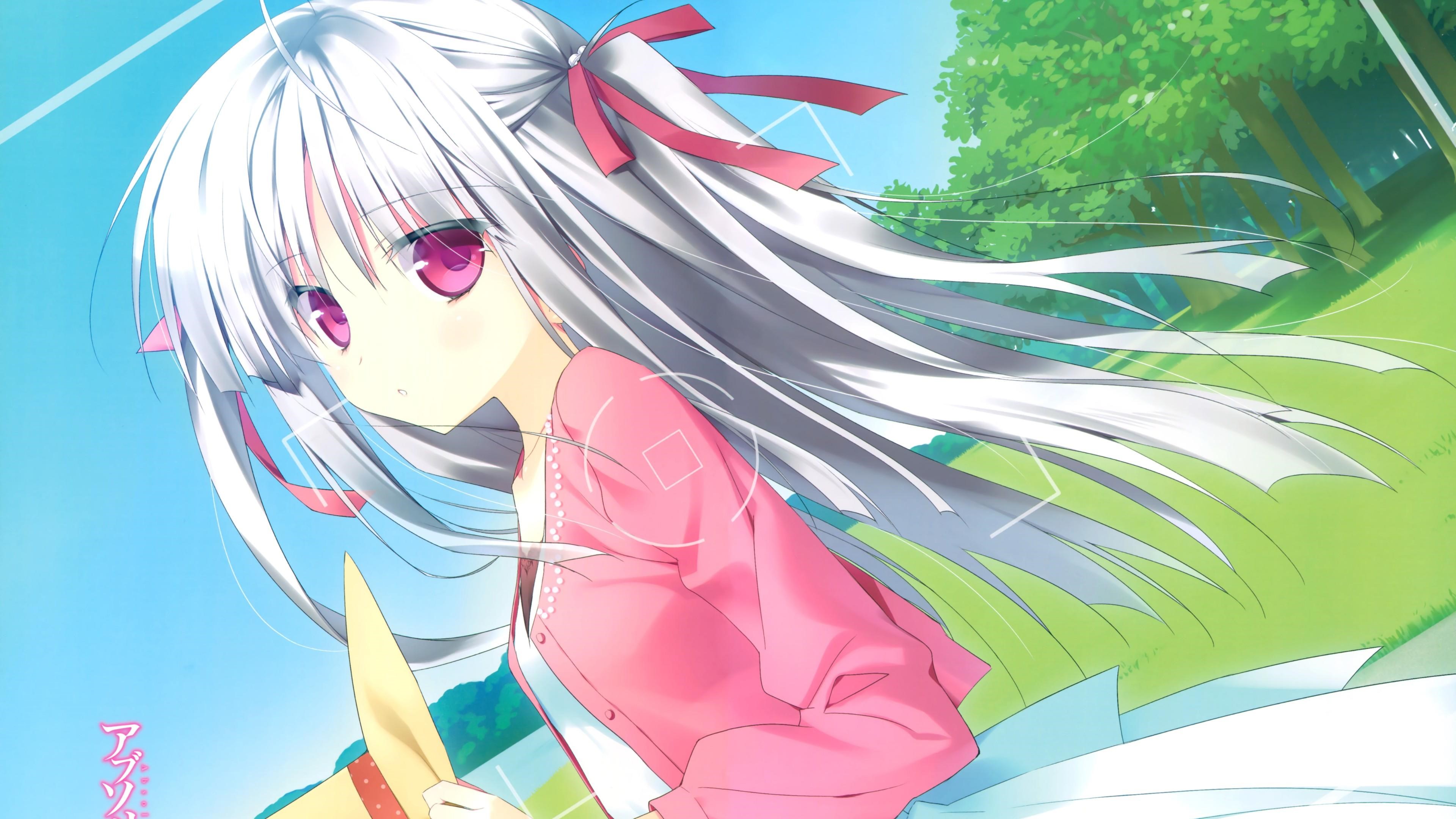Anime girl with white hair and pink eyes HD Wallpaper