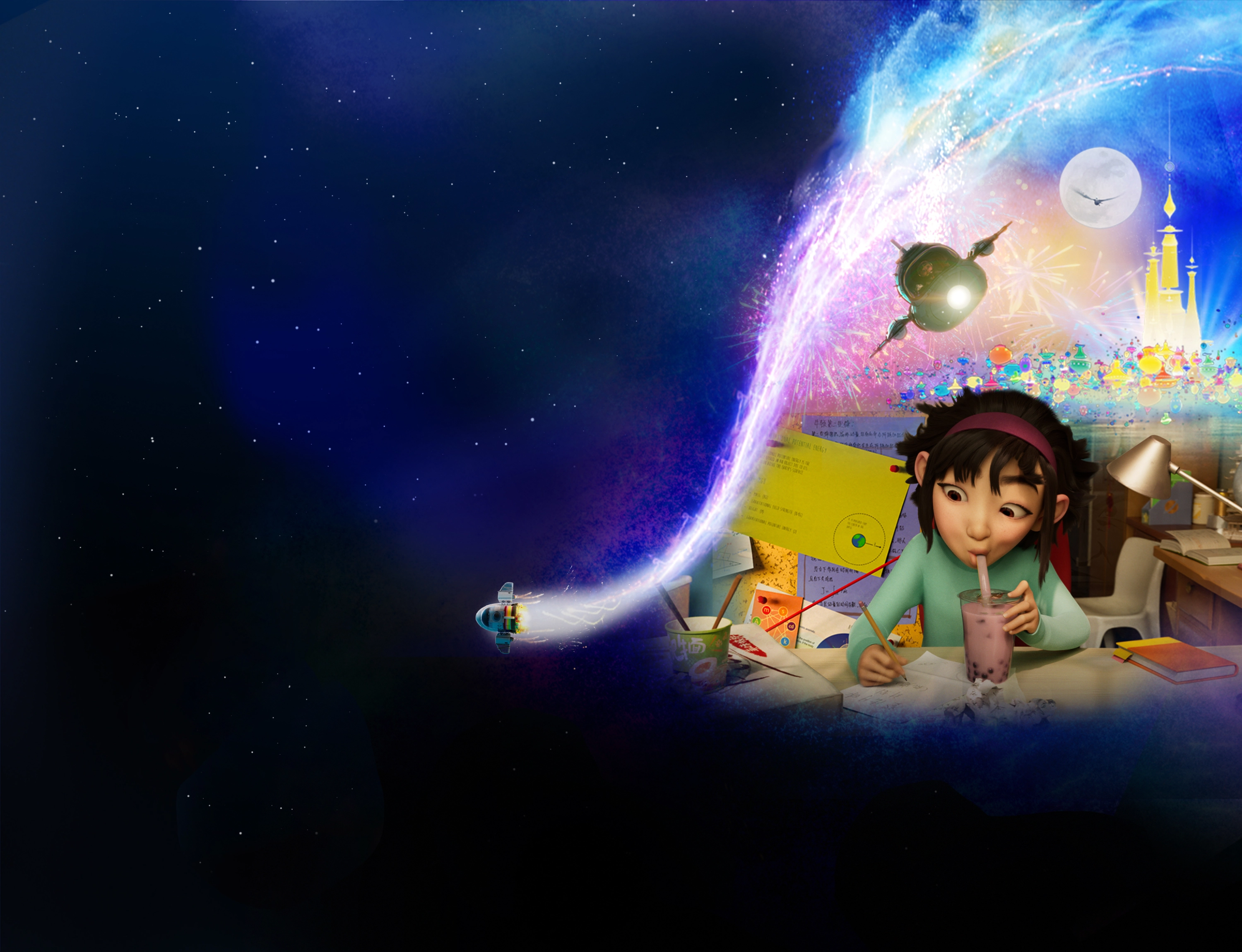 Fei Fei drinks bubble tea at her desk in space HD Wallpaper