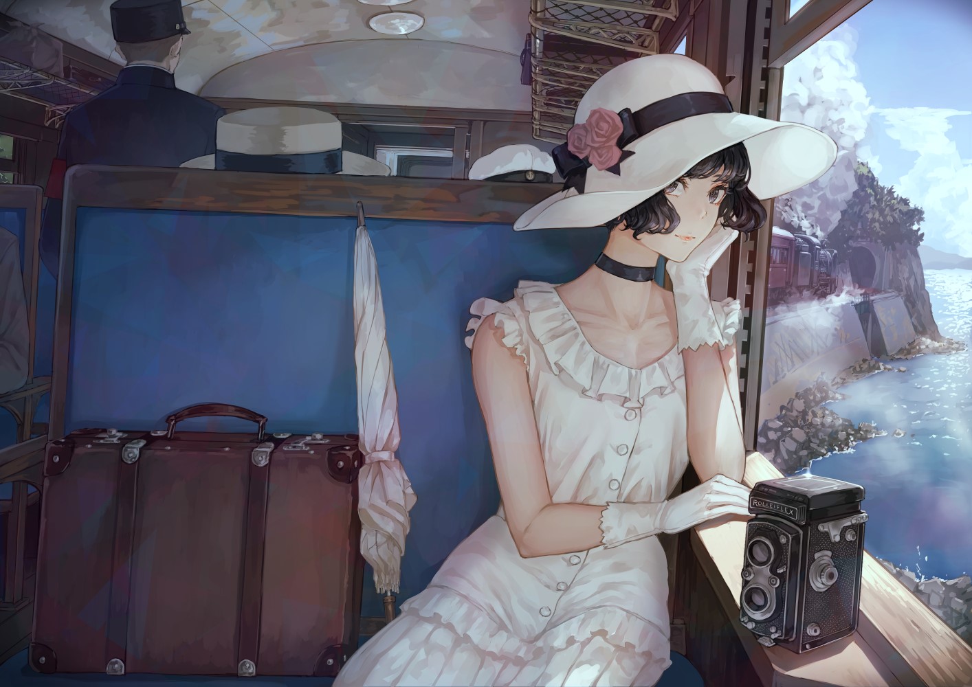 Anime girl in white dress on a train with camera HD Wallpaper