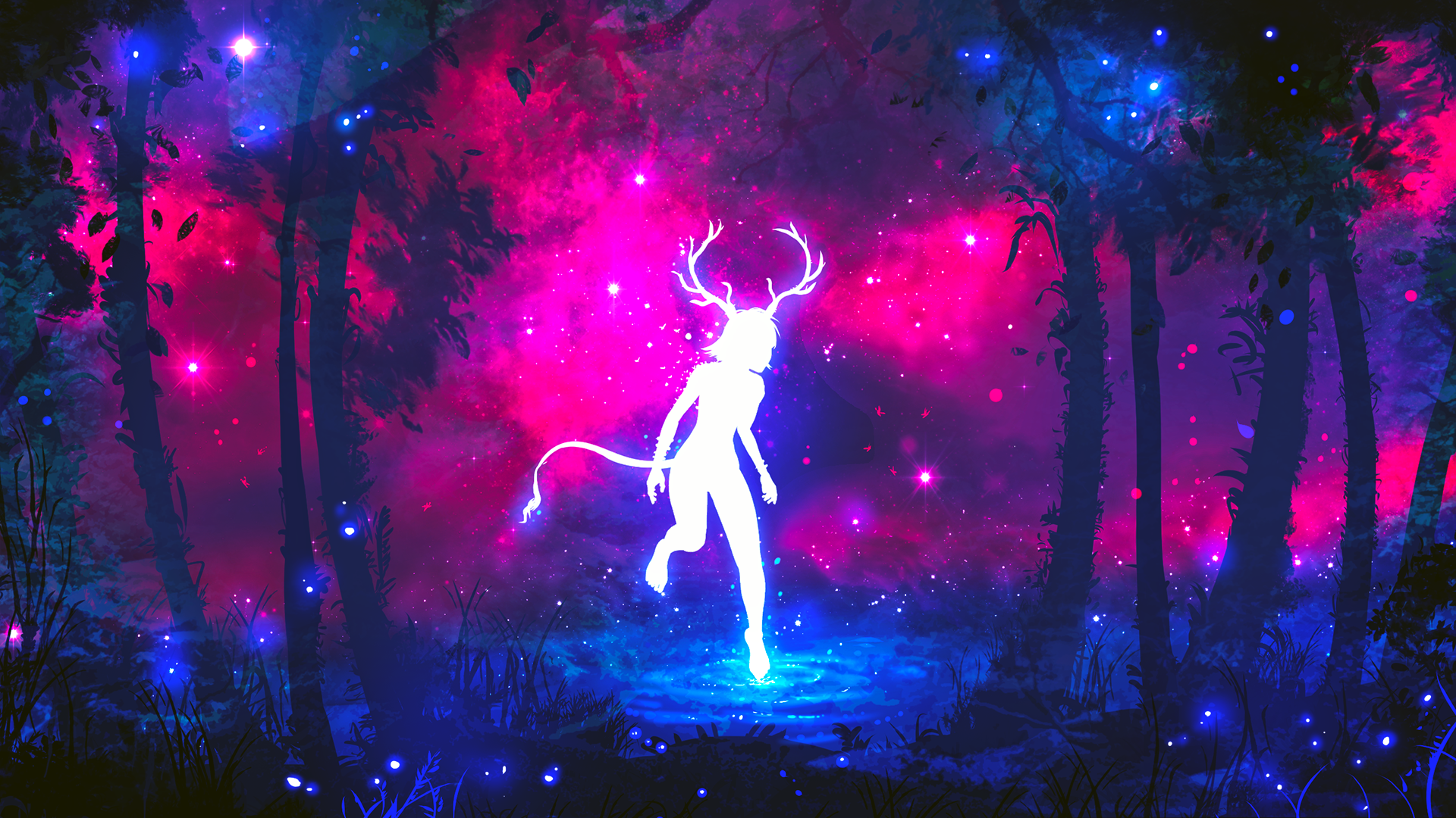 Silhouette of a deer-like creature with horns in a forest HD Wallpaper