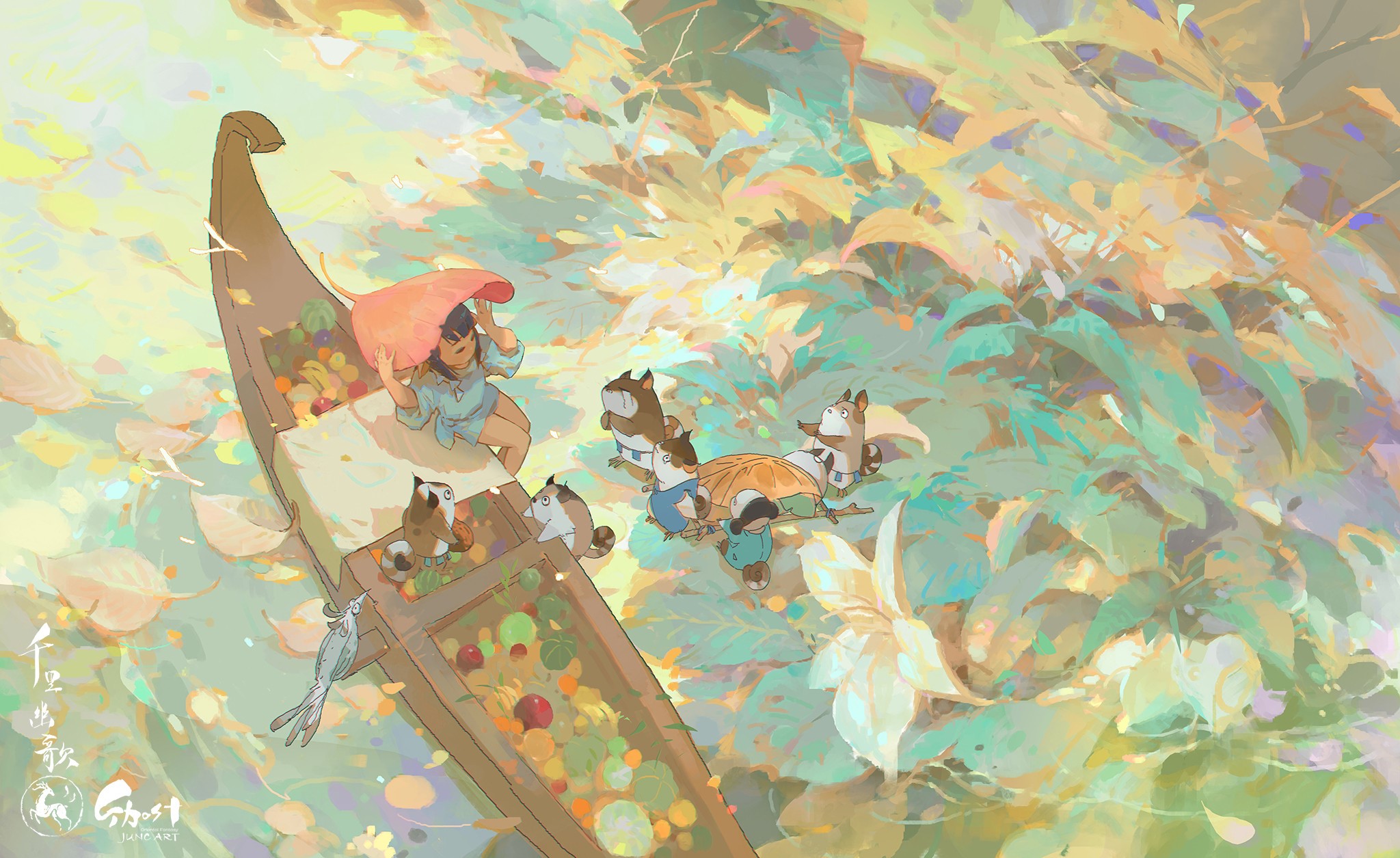 Artwork by Wenjun Lin, concept art of a boat journey HD Wallpaper