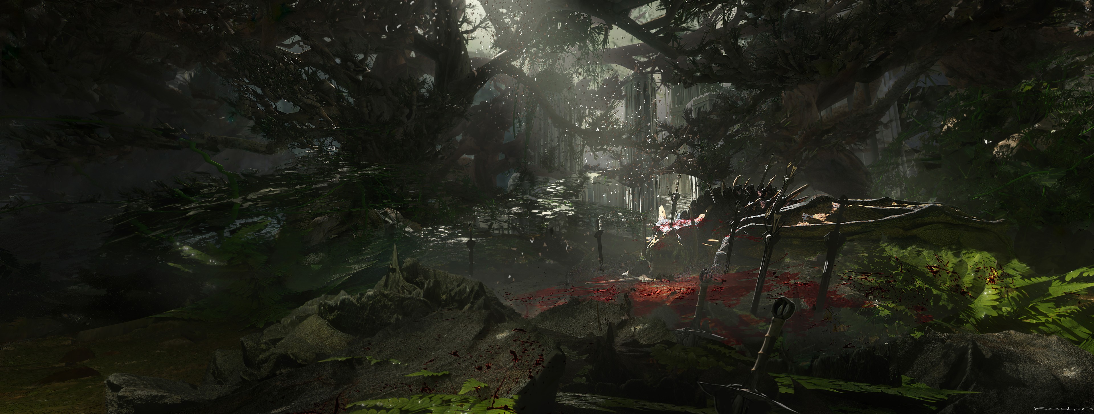 Concept art of a dark forest with blood HD Wallpaper