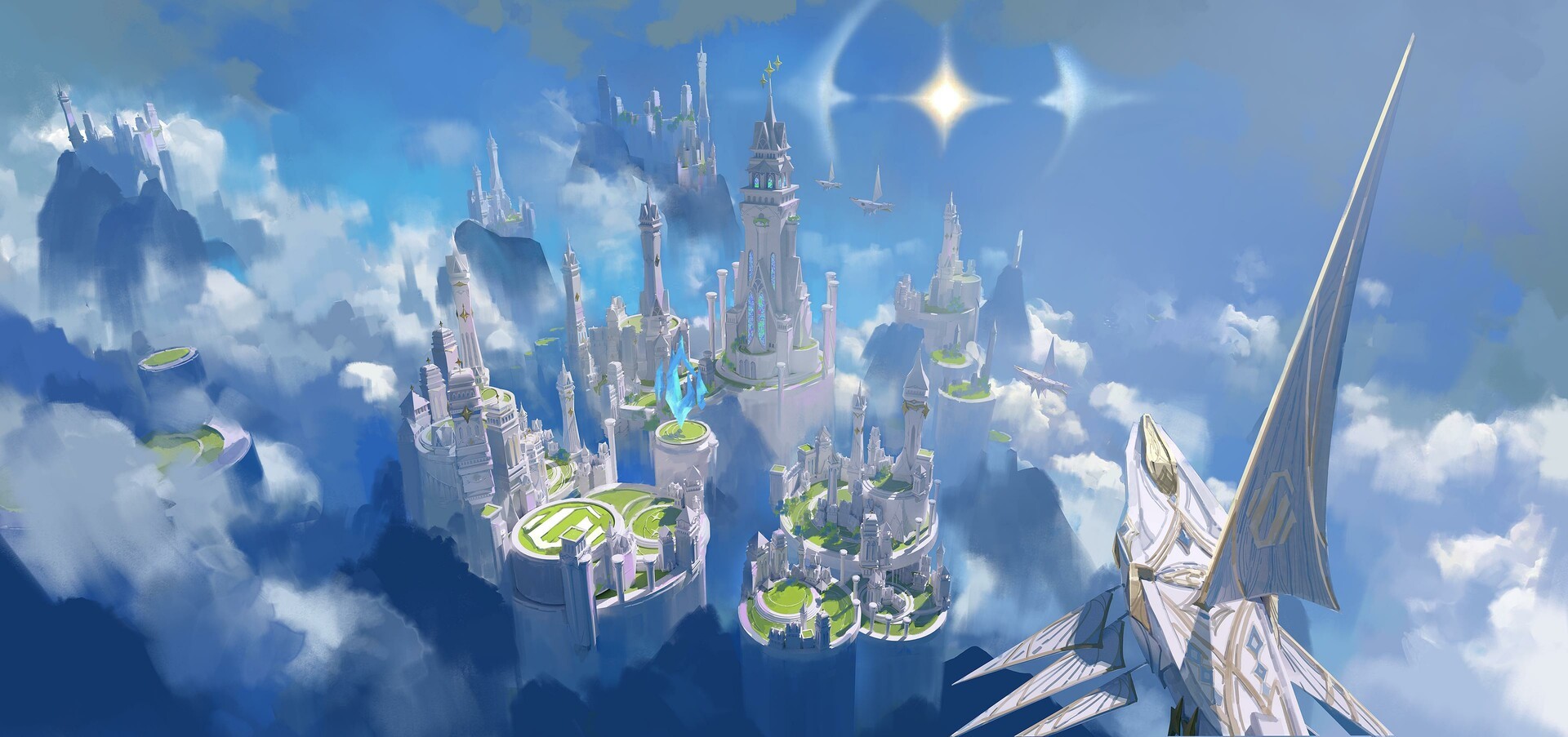 Fantasy city in the clouds with ships HD Wallpaper