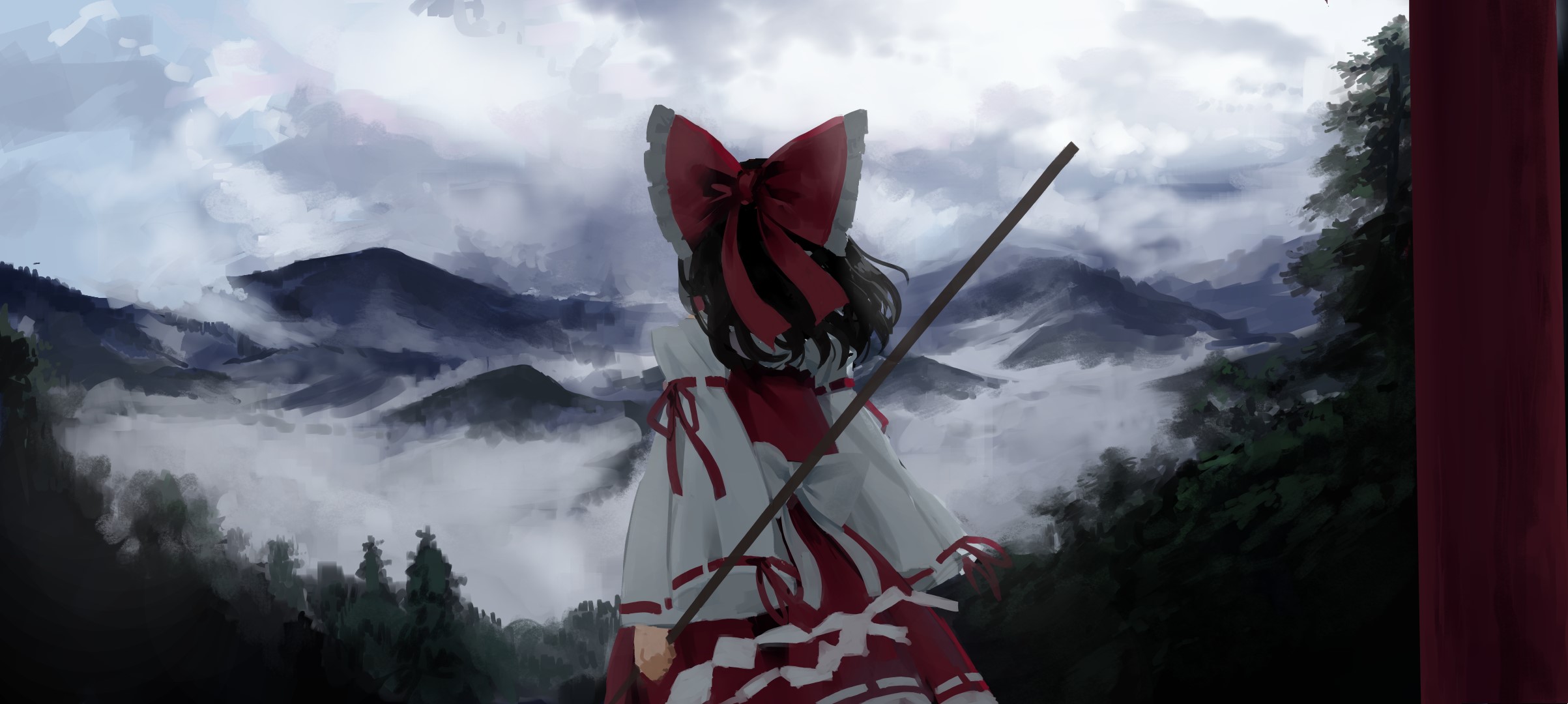 Hakurei Reimu from Touhou in a mountain landscape HD Wallpaper