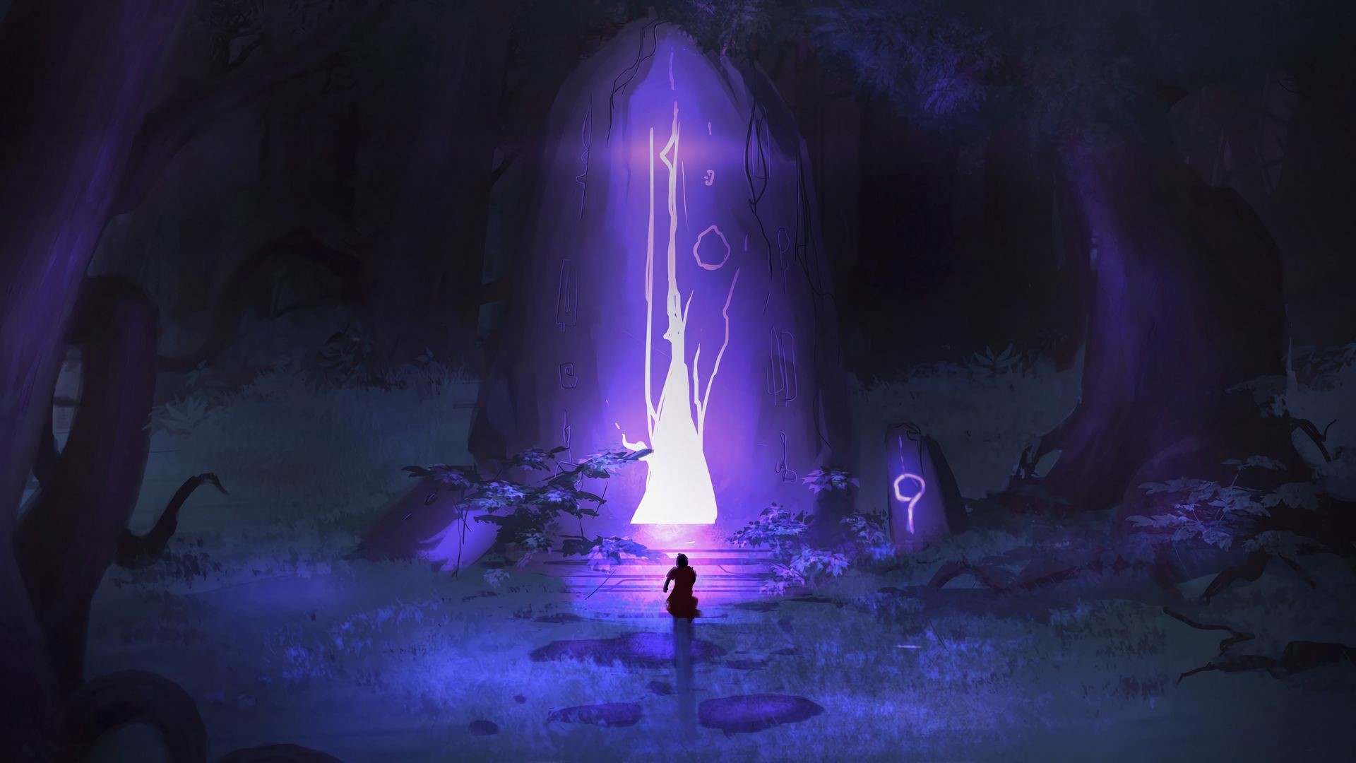 Fantasy forest with glowing portal and runes HD Wallpaper