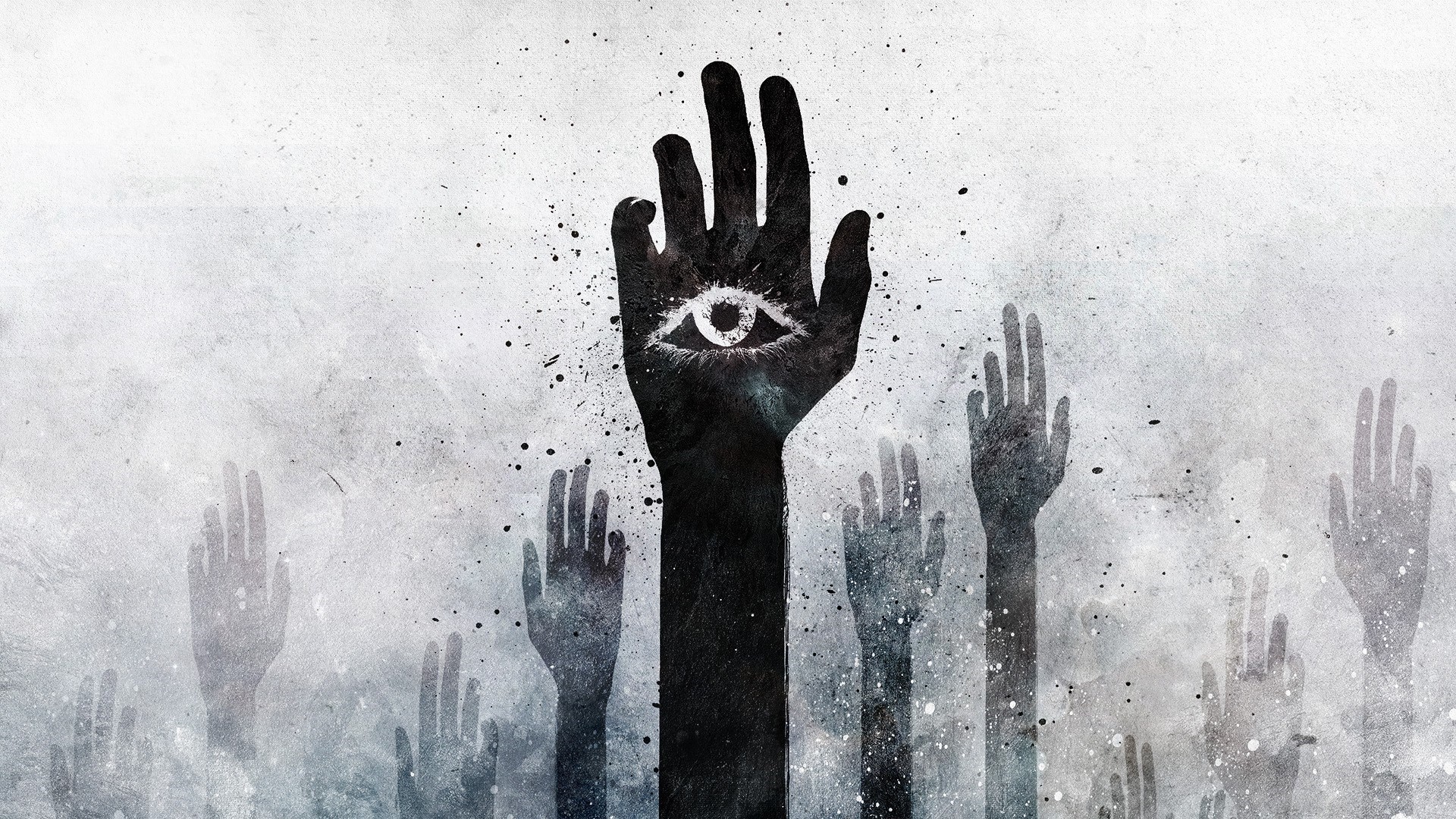 Artistic Hand with Eye and Raised Hands HD Wallpaper
