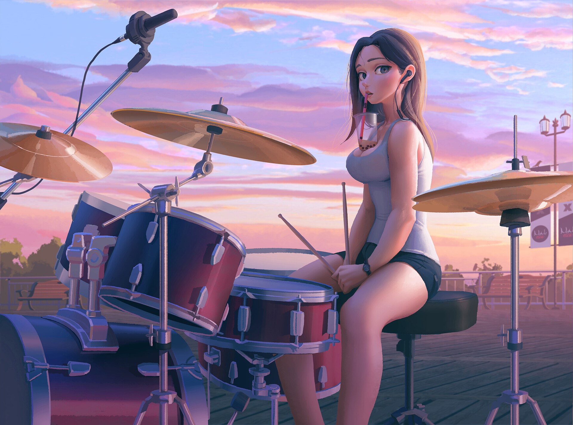 Anime girl drummer with drink at sunset HD Wallpaper
