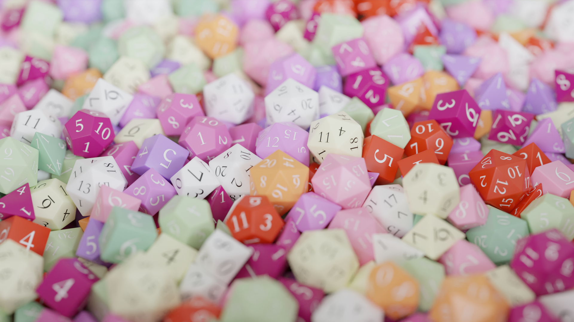 Pile of pastel polyhedral dice HD Wallpaper