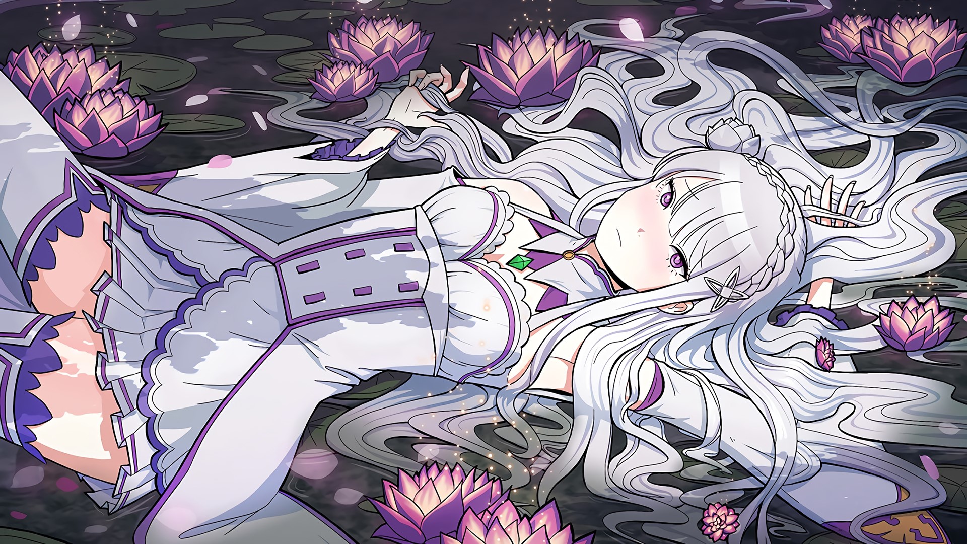 Emilia from Re:Zero lying in water with water lilies HD Wallpaper