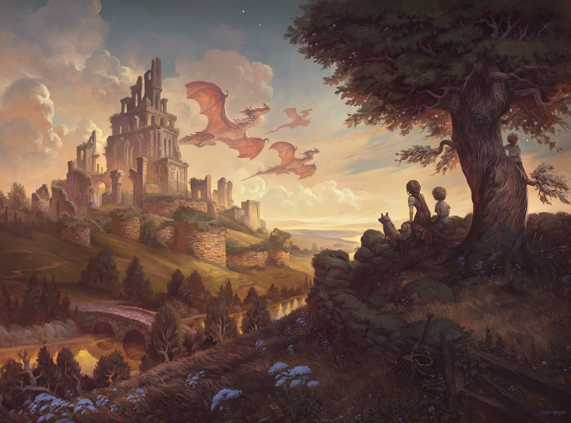 Dragons flying over ancient ruins with children watching HD Wallpaper