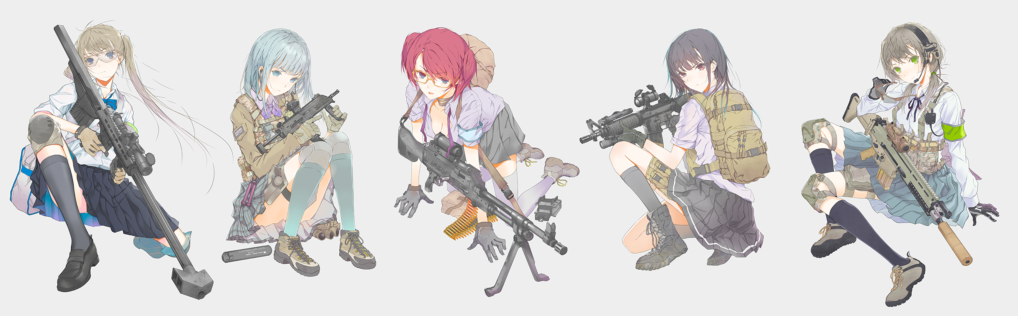 Anime girls with military weapons and school uniforms HD Wallpaper