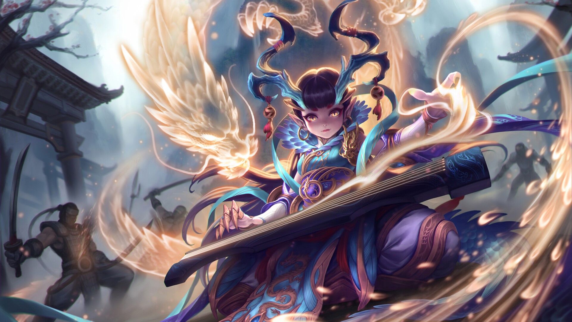 Girl playing a guqin with a dragon spirit HD Wallpaper