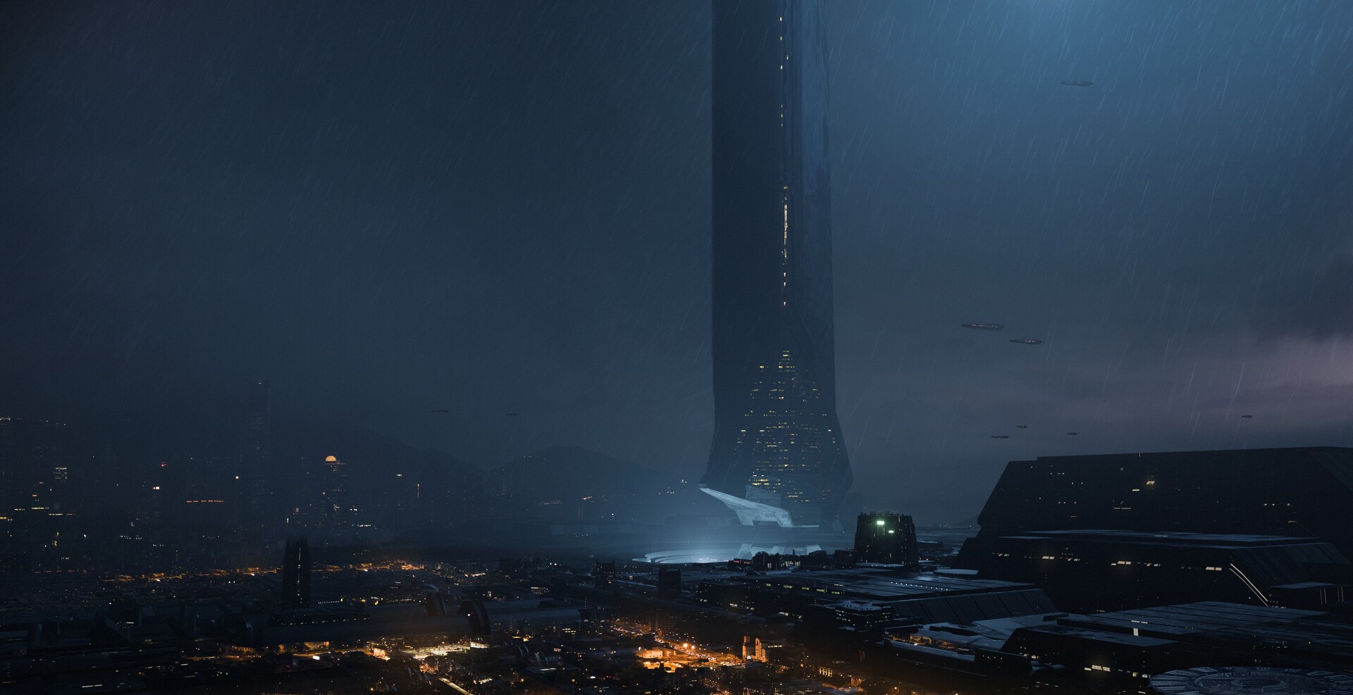 Brandon Gobey science fiction cityscape in rain HD Wallpaper