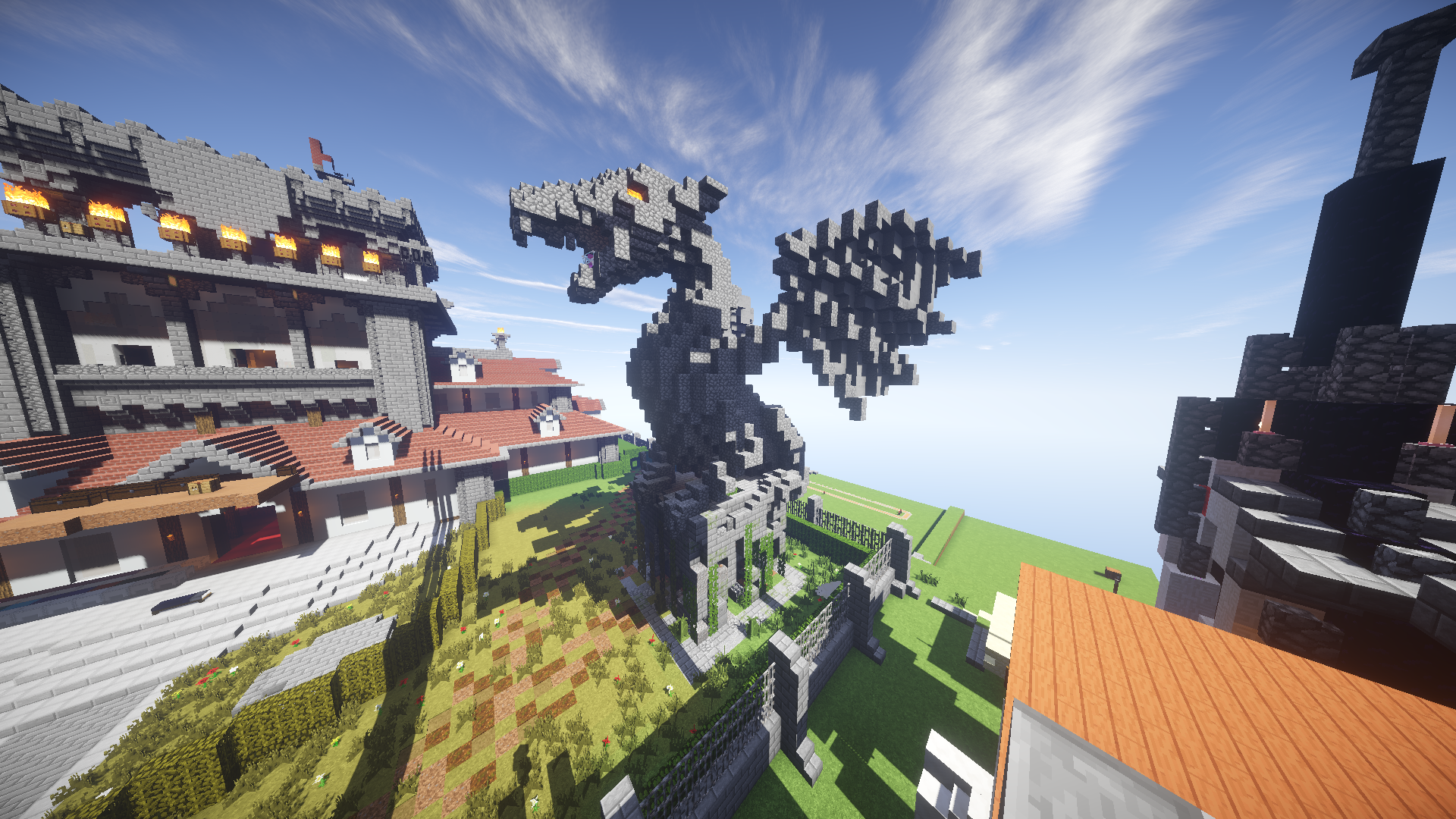 Minecraft RPG with a Dragon Statue and Castle HD Wallpaper
