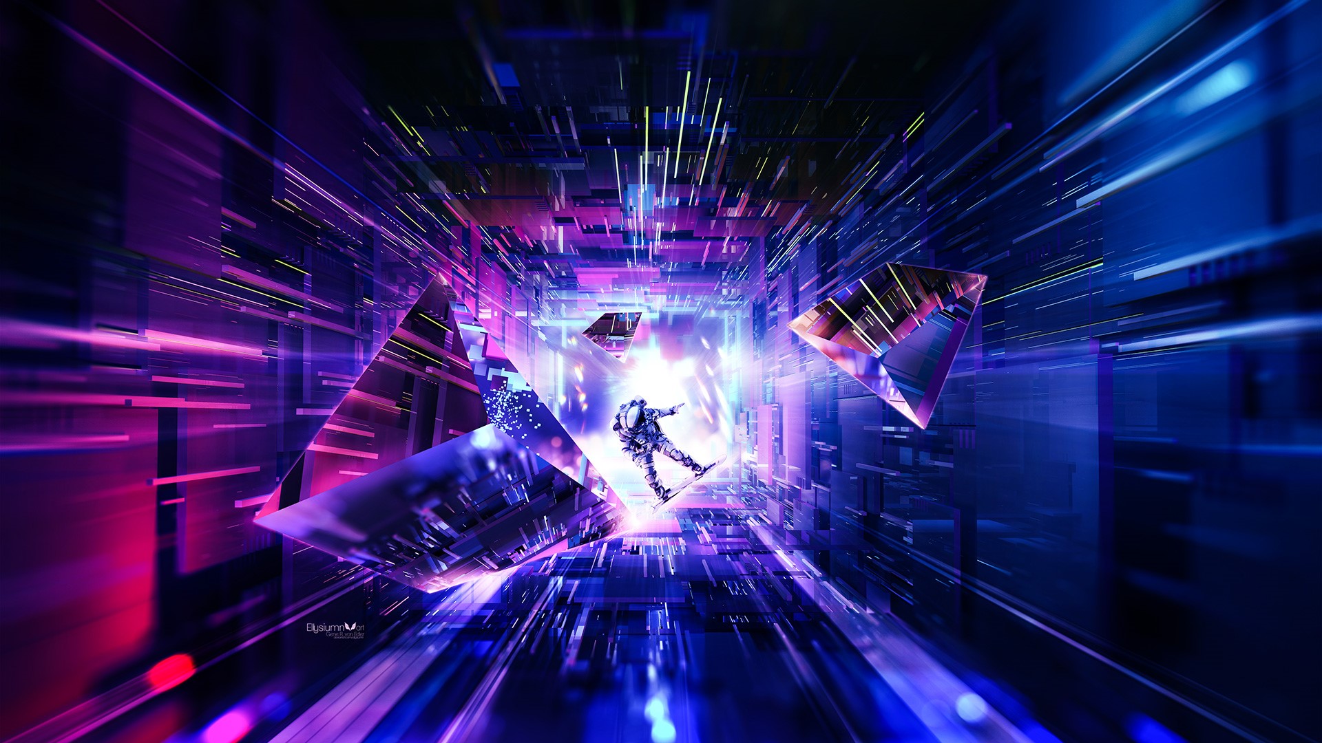 Astronaut floating in abstract digital sci-fi tunnel HD Wallpaper