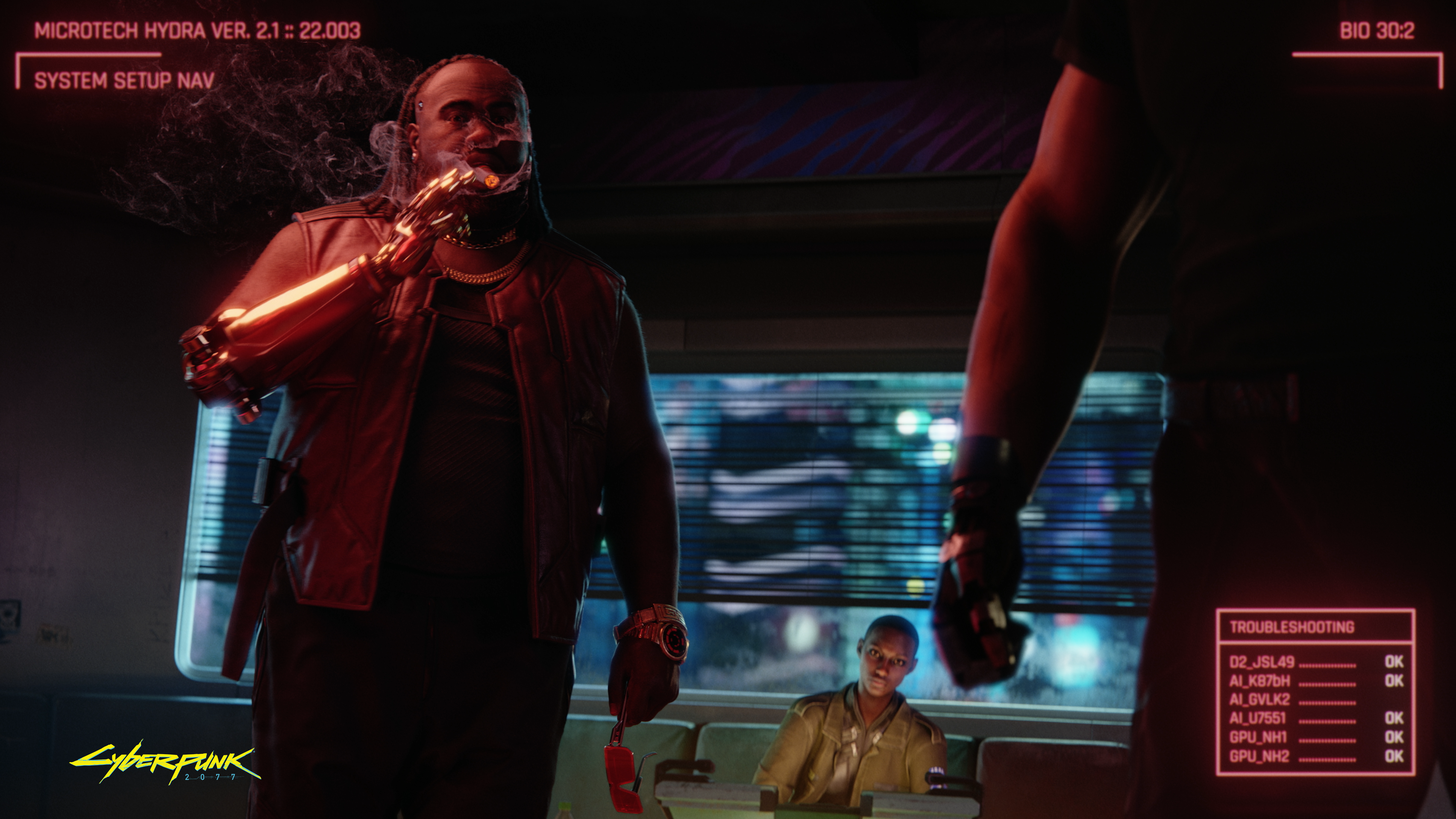 Cyberpunk 2077 screenshot with men and a troubleshooting screen HD Wallpaper