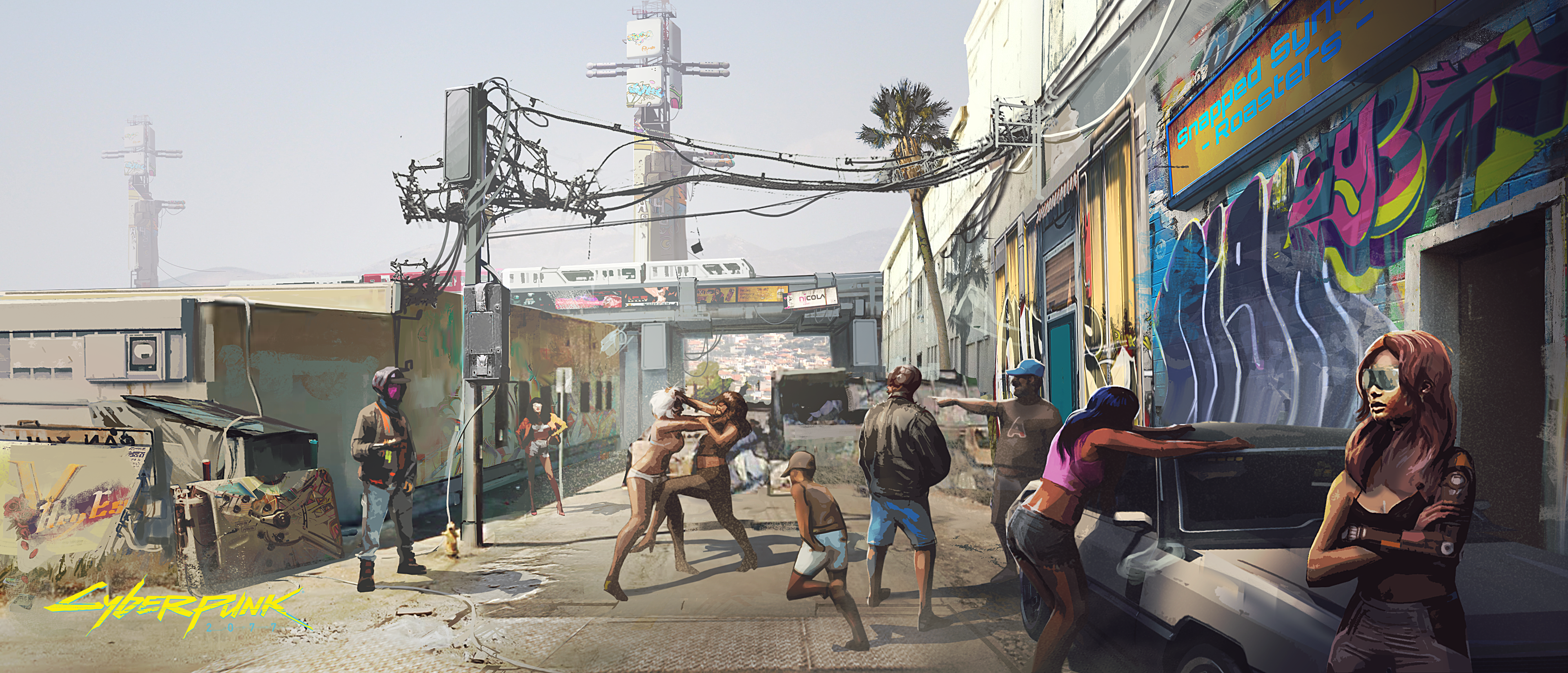 Cyberpunk 2077 concept art of a street fight HD Wallpaper