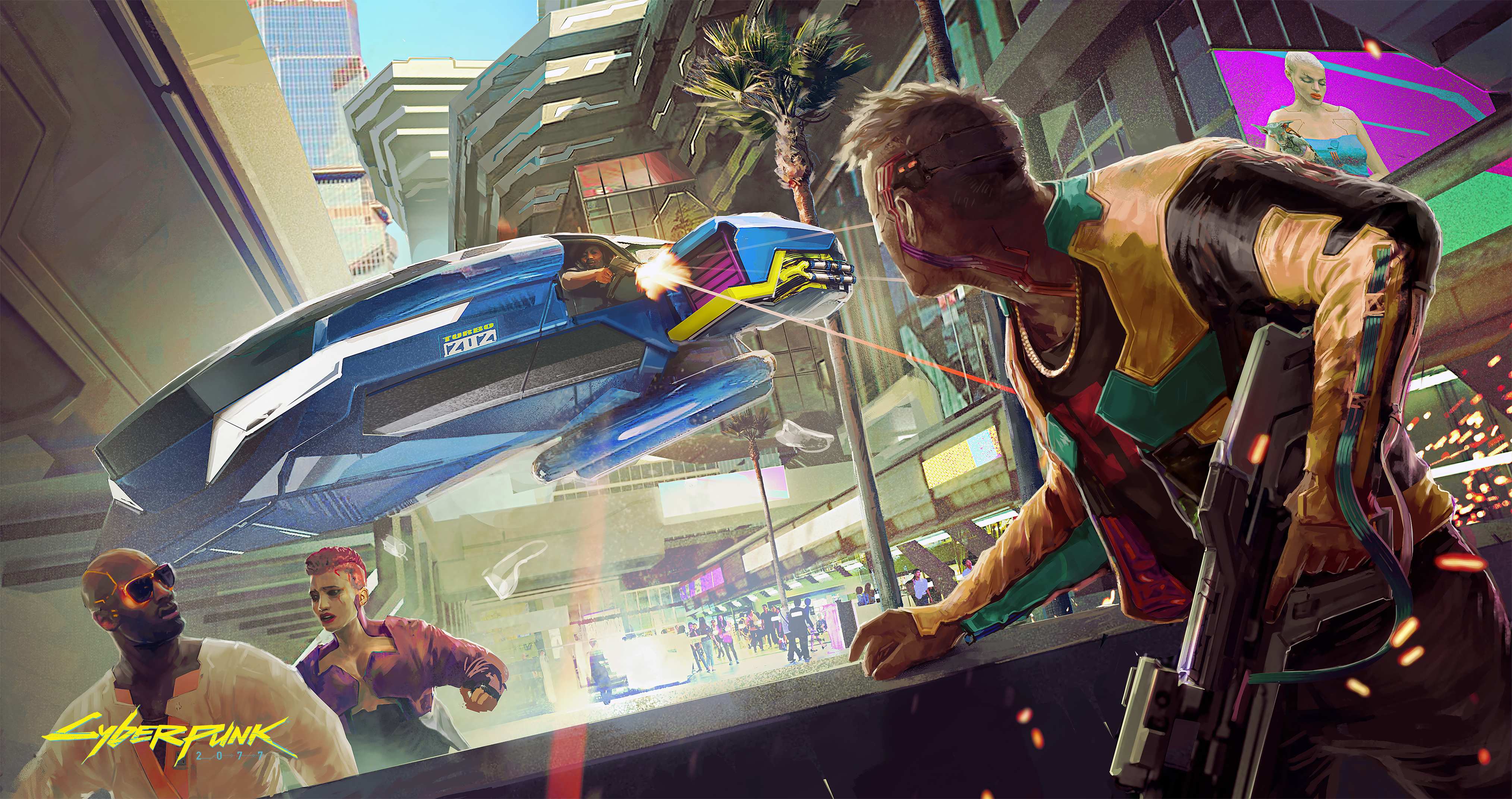 Cyberpunk 2077 concept art with flying vehicle and people HD Wallpaper