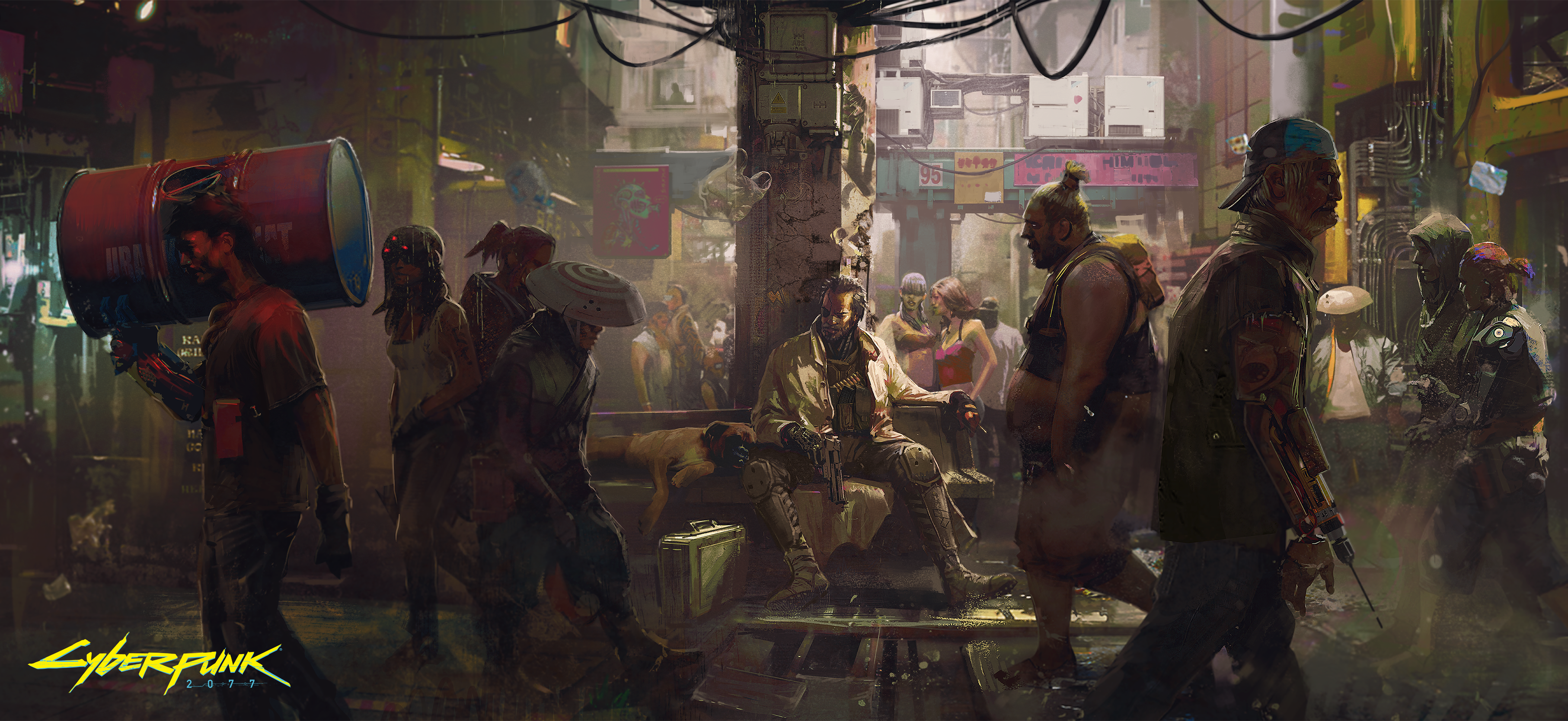 Cyberpunk 2077 concept art of a crowded street scene HD Wallpaper