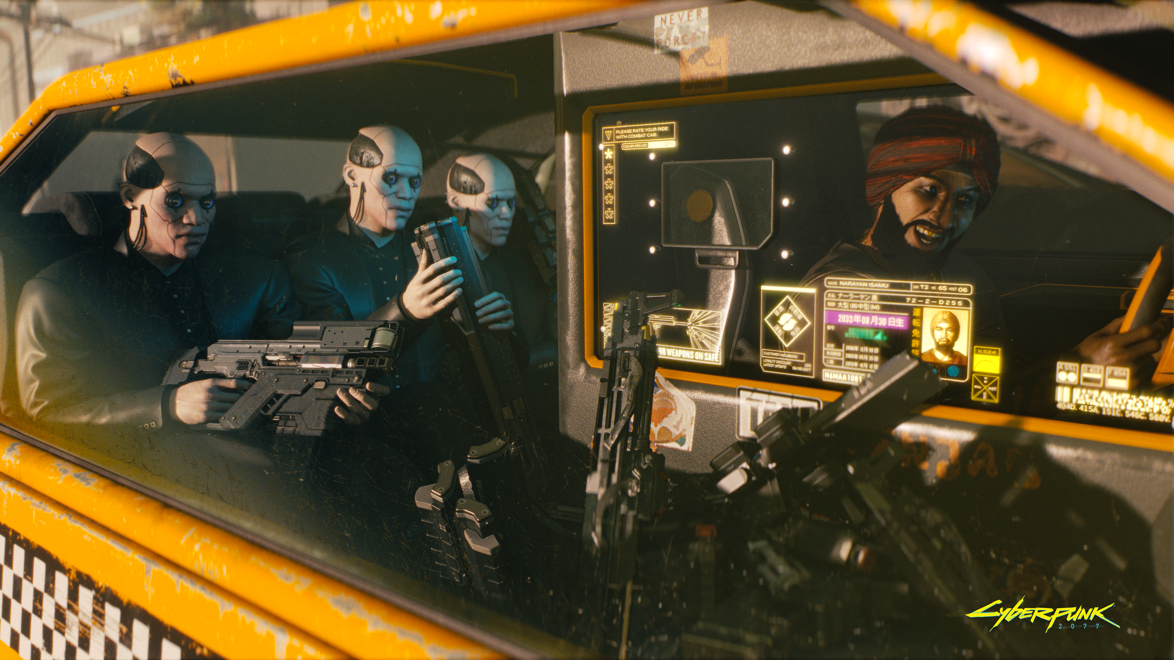 Cyberpunk 2077 screenshot with men in a taxi HD Wallpaper