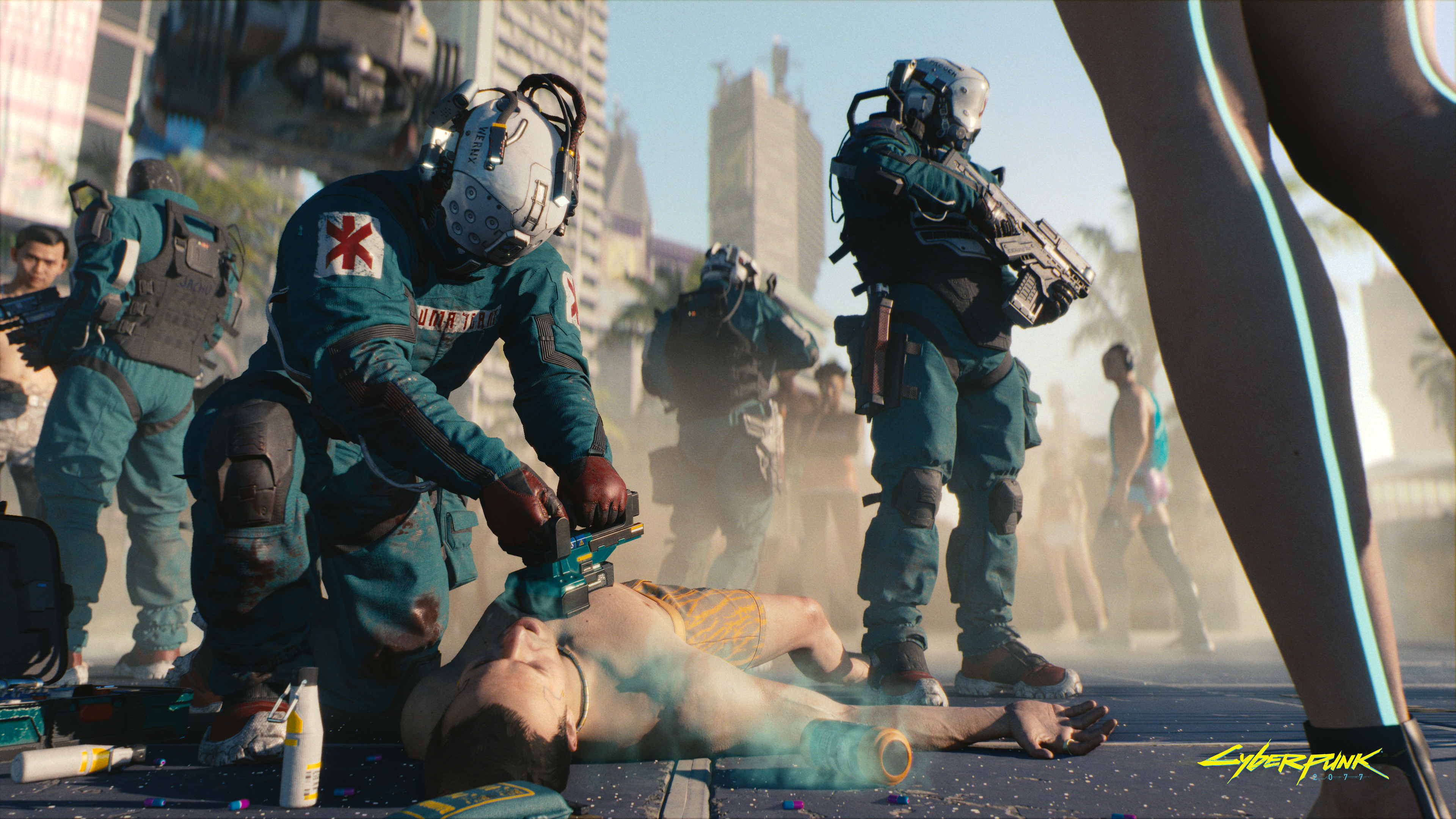 Trauma Team from Cyberpunk 2077 performing medical procedure HD Wallpaper