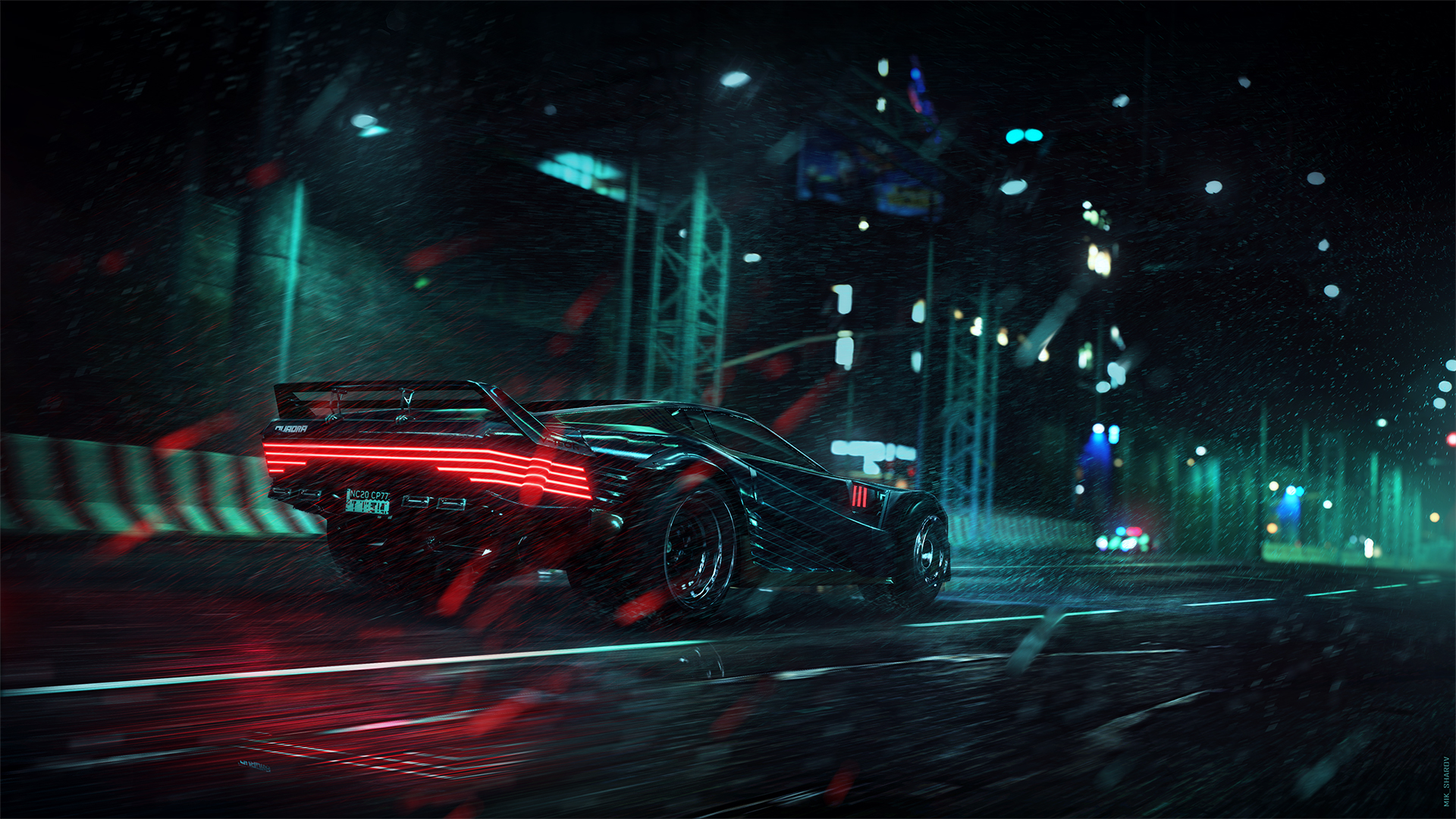 Cyberpunk car driving on a rainy night road HD Wallpaper