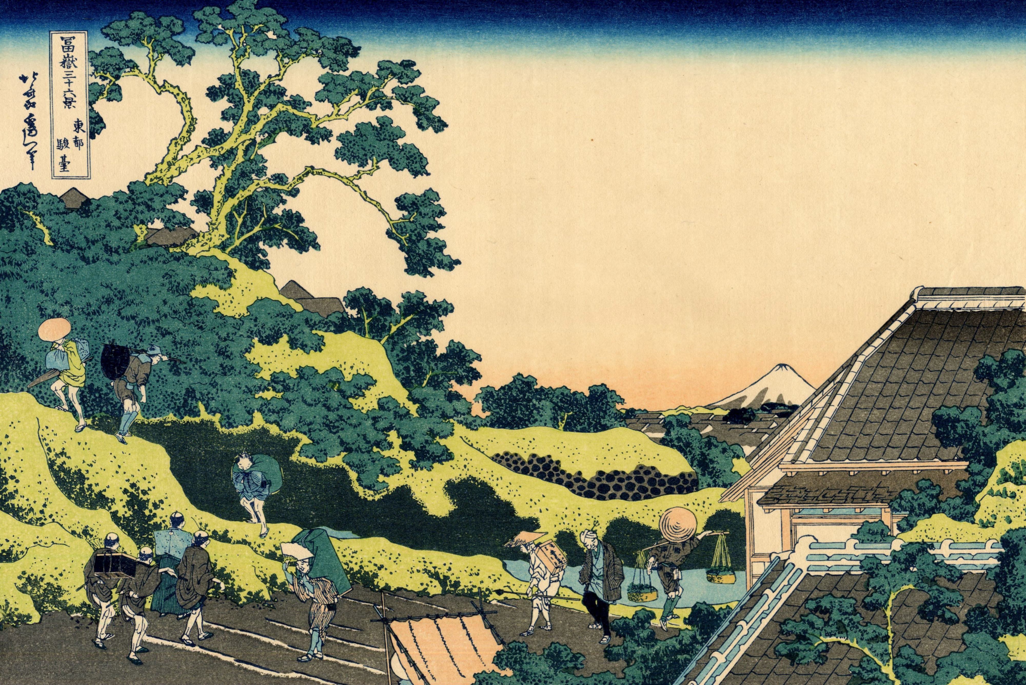 Ukiyo-e artwork of travelers near Mount Fuji HD Wallpaper