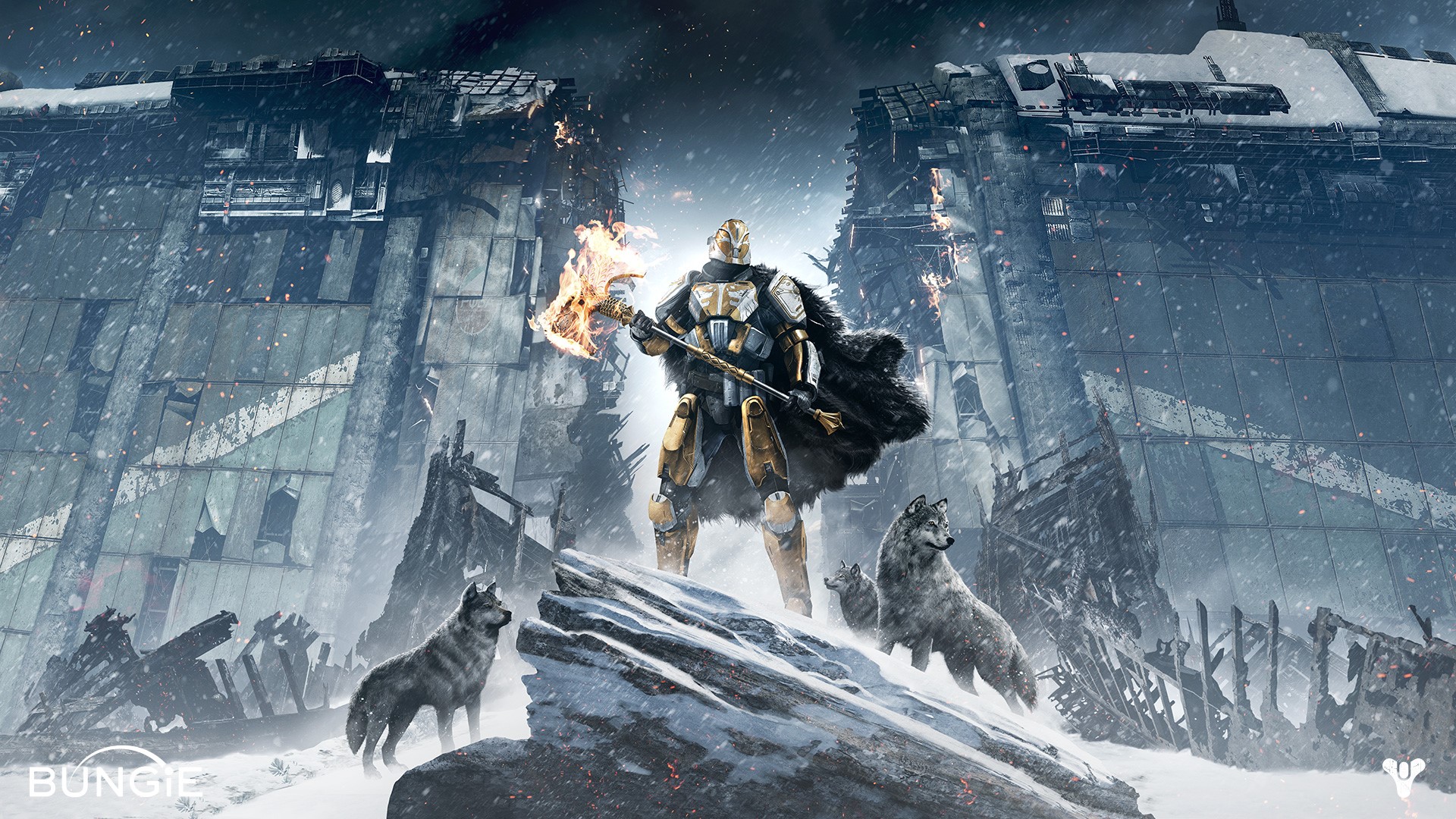 Guardian with flaming axe and wolves in Destiny HD Wallpaper