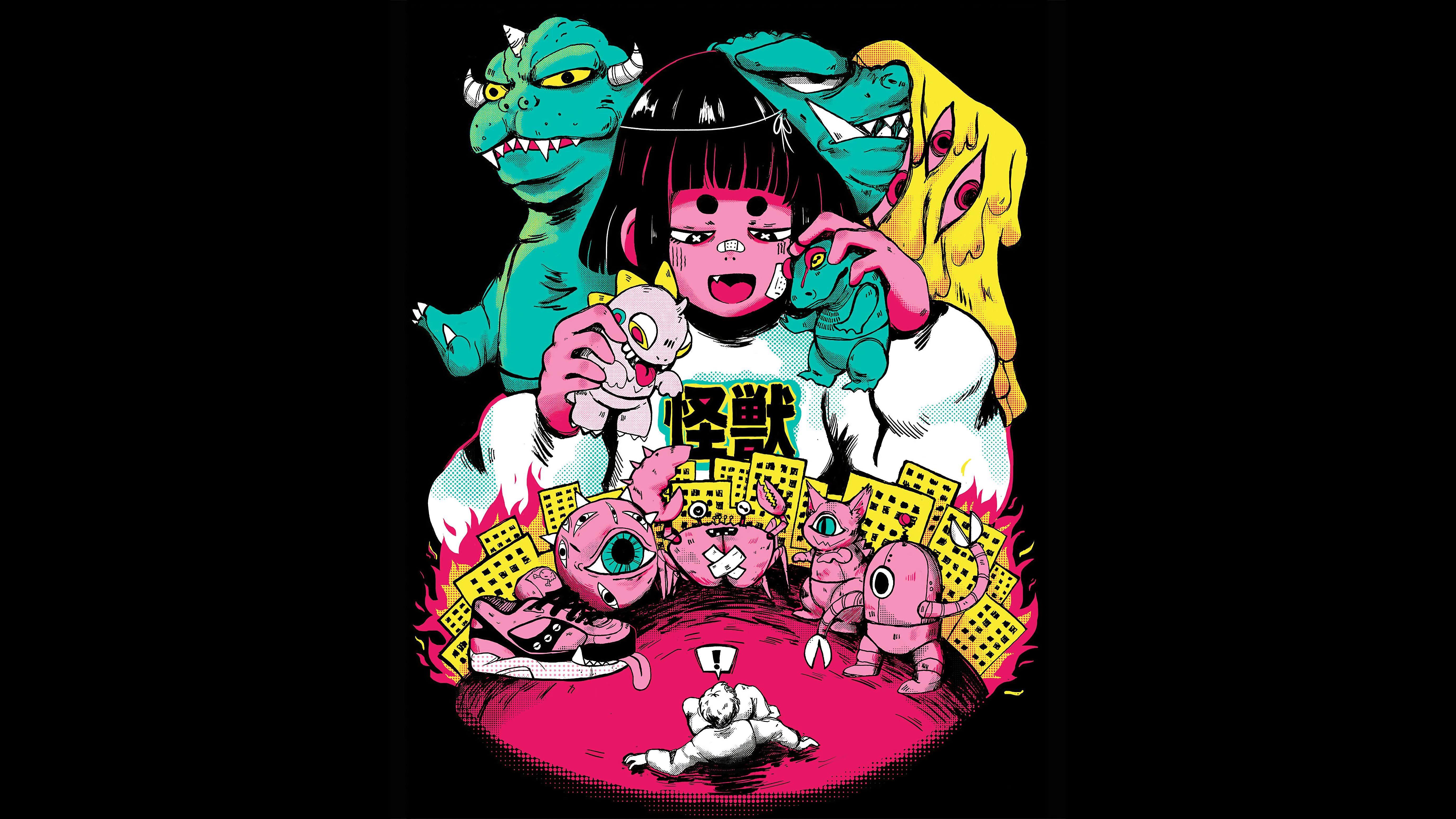 Girl with Kaiju monsters and burning city HD Wallpaper