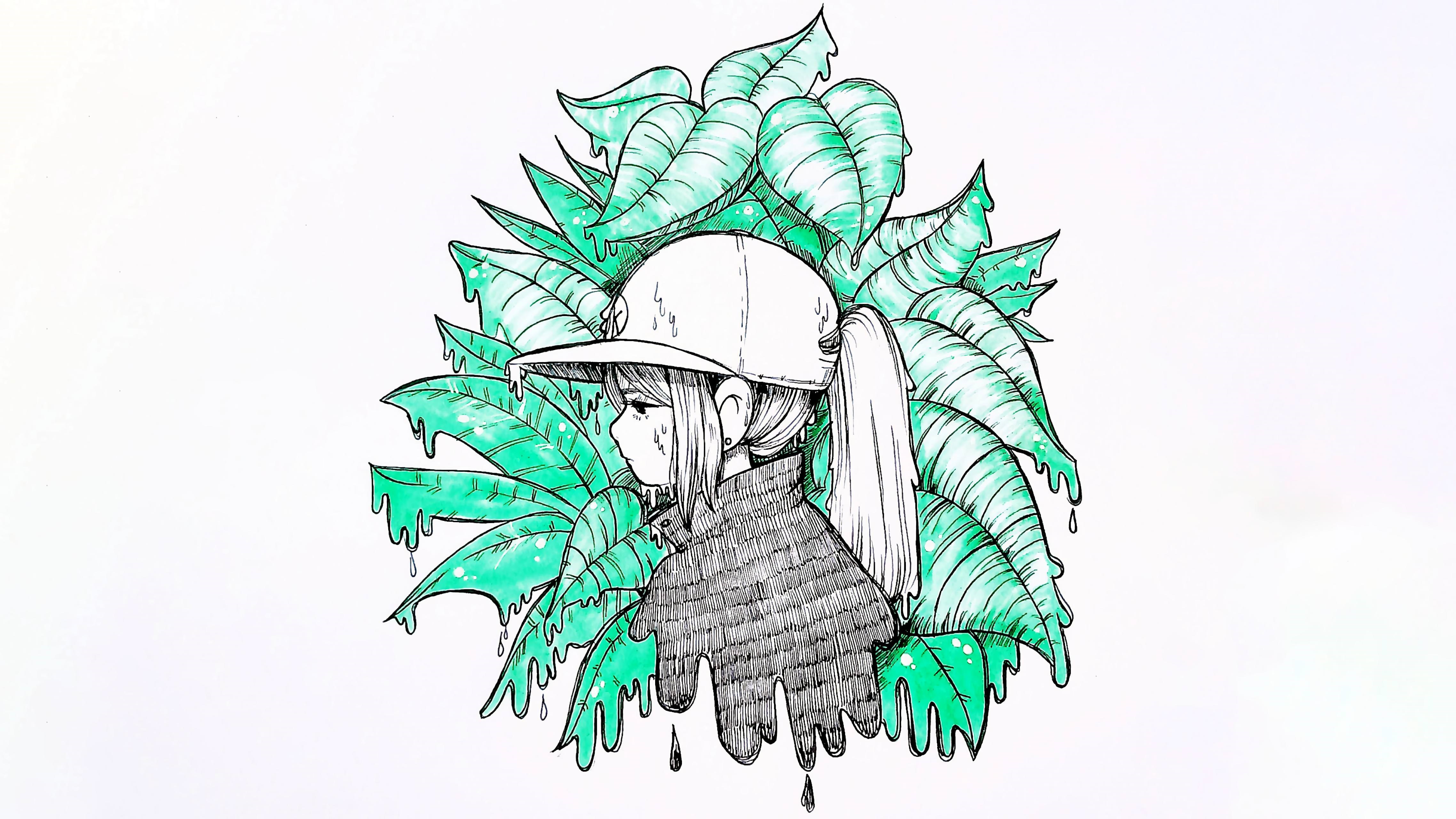 Anime girl with plants, 4K HD Wallpaper