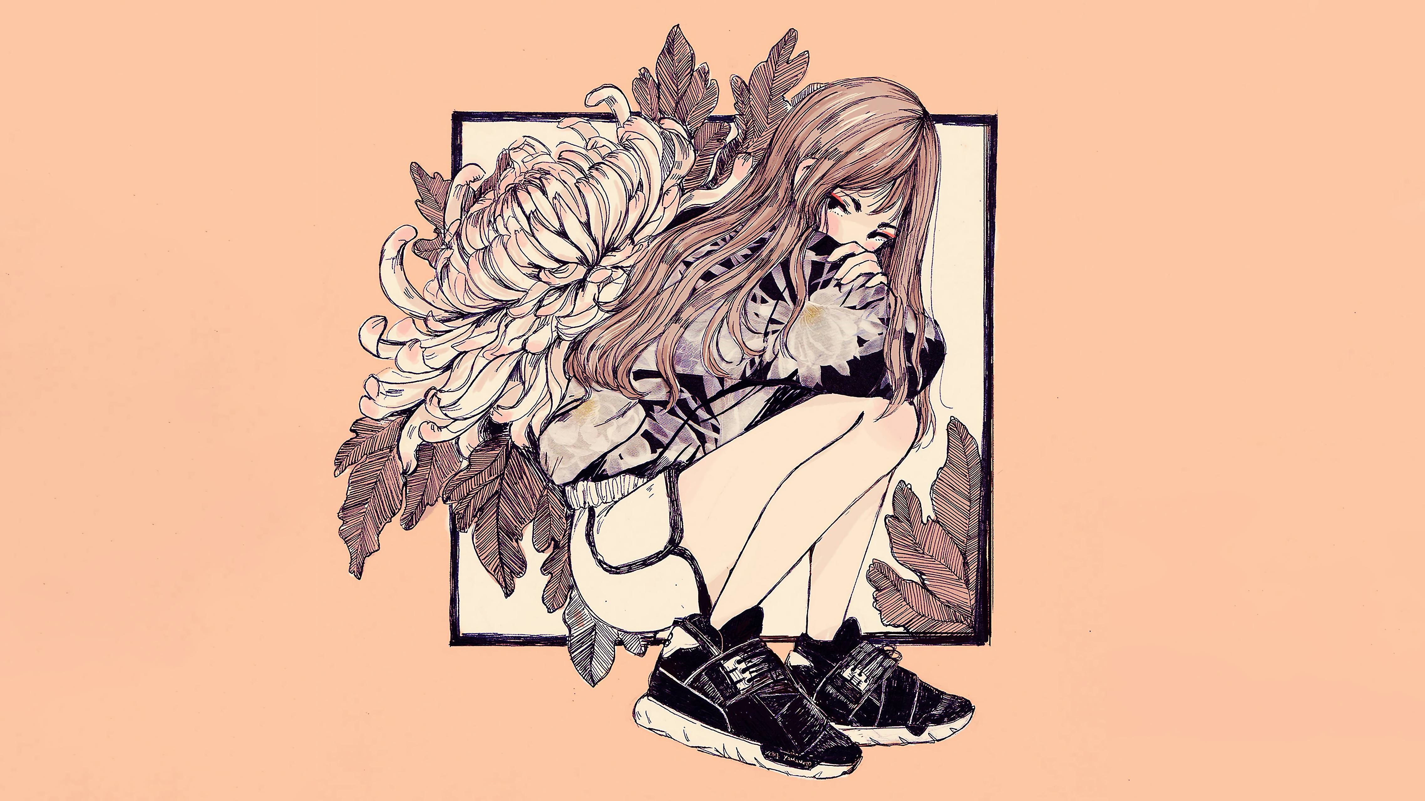 Anime girl with chrysanthemum and leaves HD Wallpaper