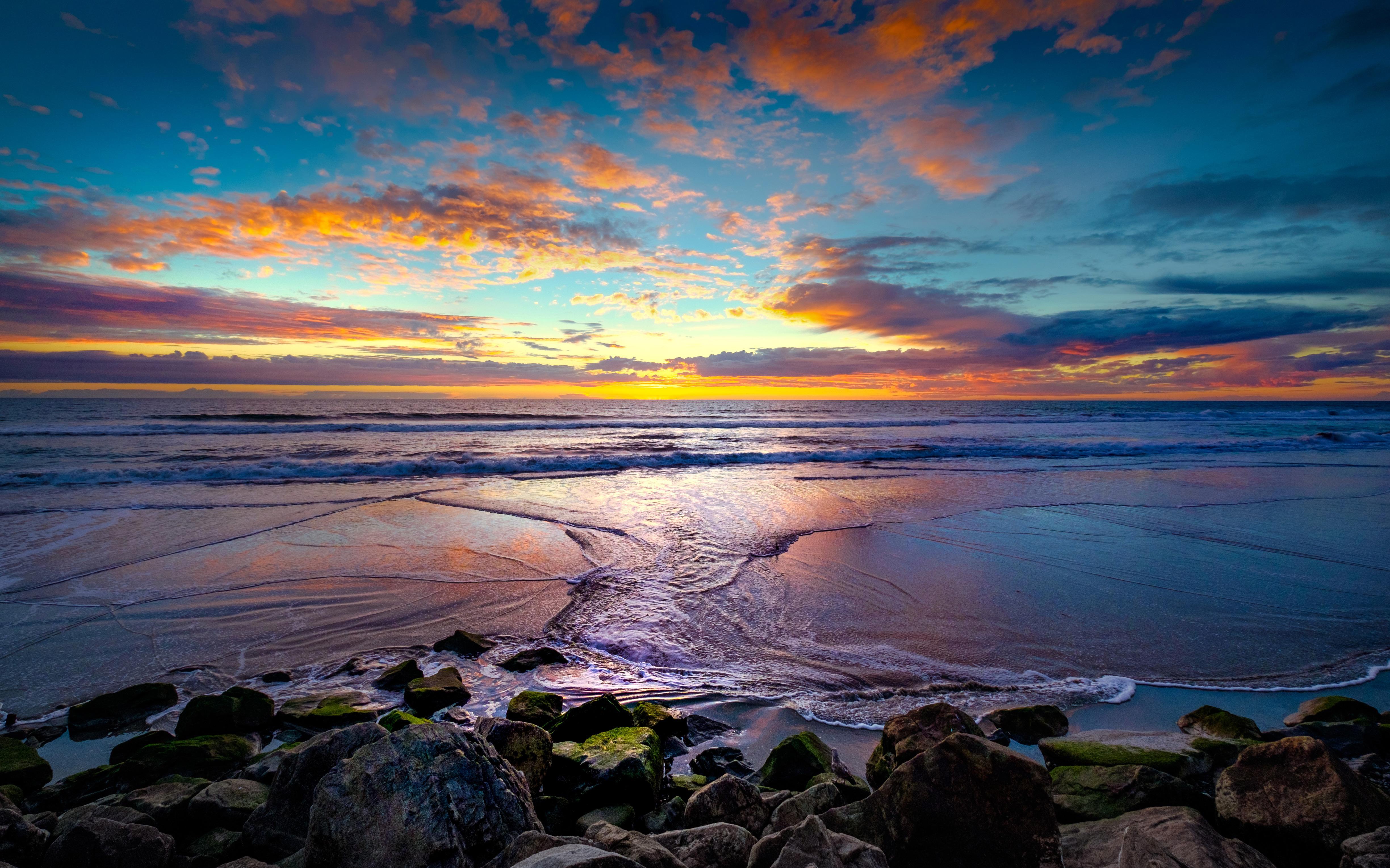 Ocean Sunset with Colorful Clouds and Rocks HD Wallpaper