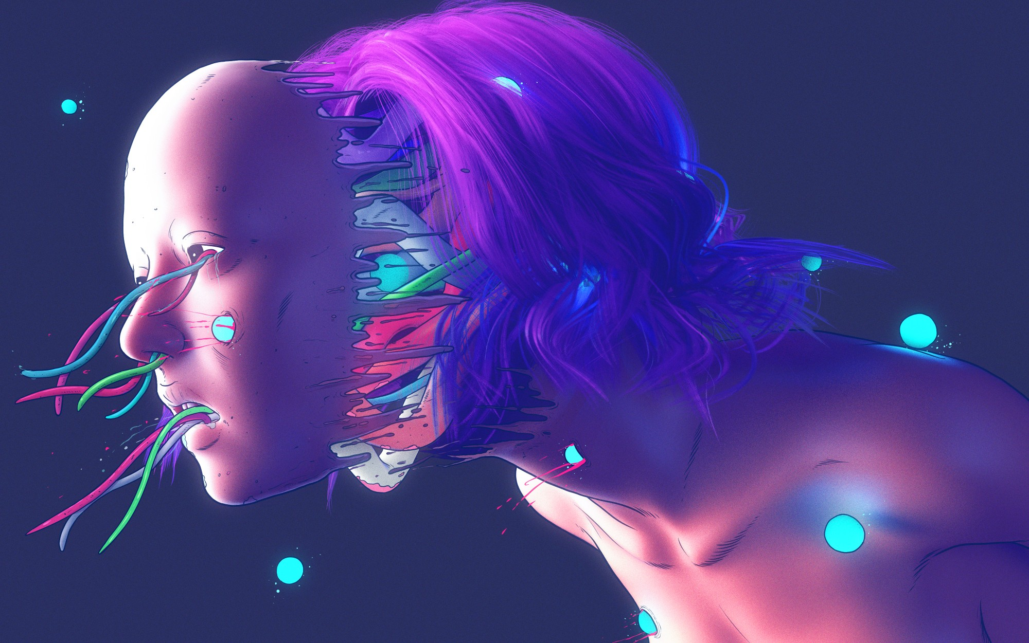 Robot with exposed head and colorful wires HD Wallpaper