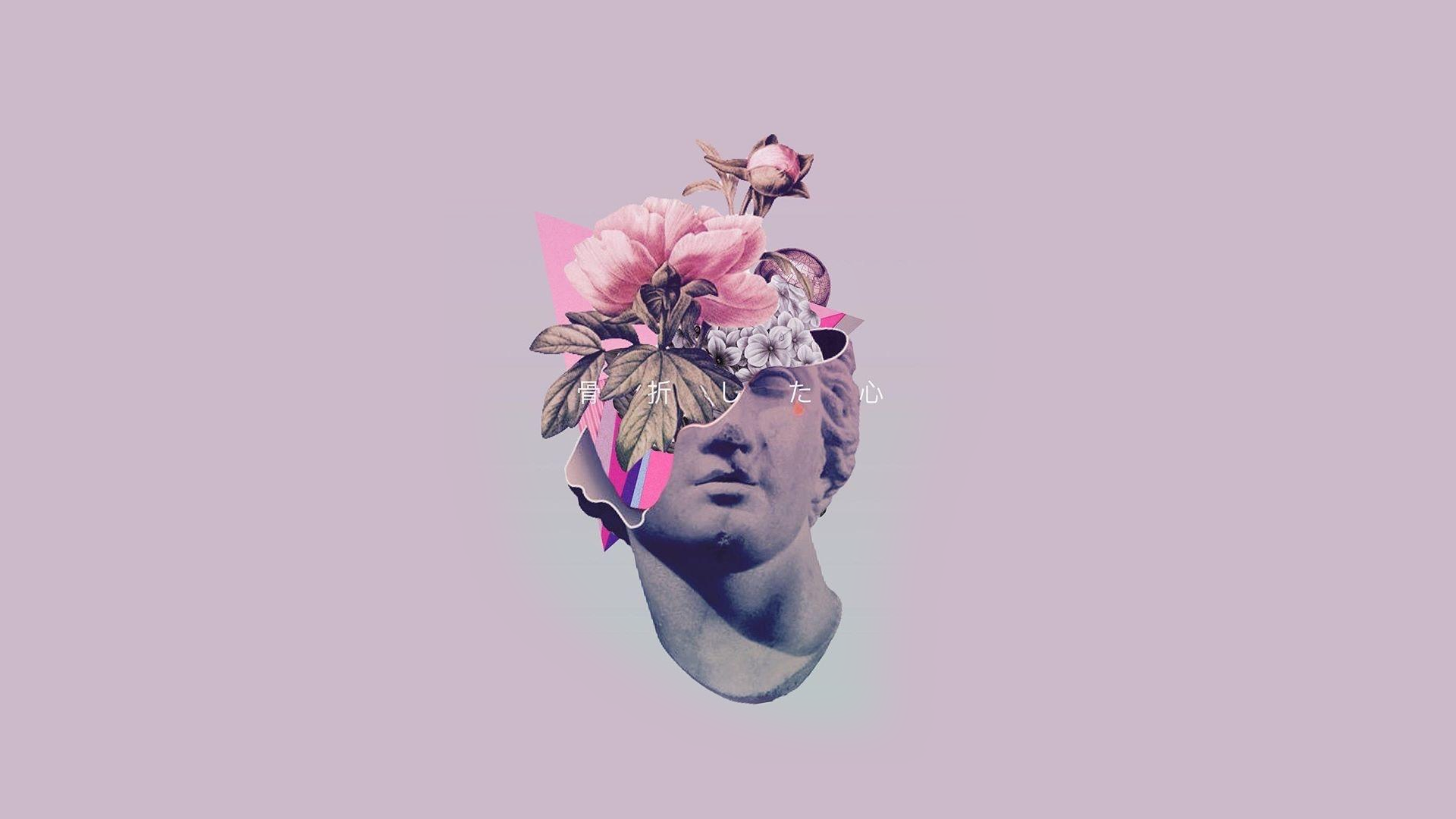 Collage of Roman bust with flowers and Japanese text HD Wallpaper