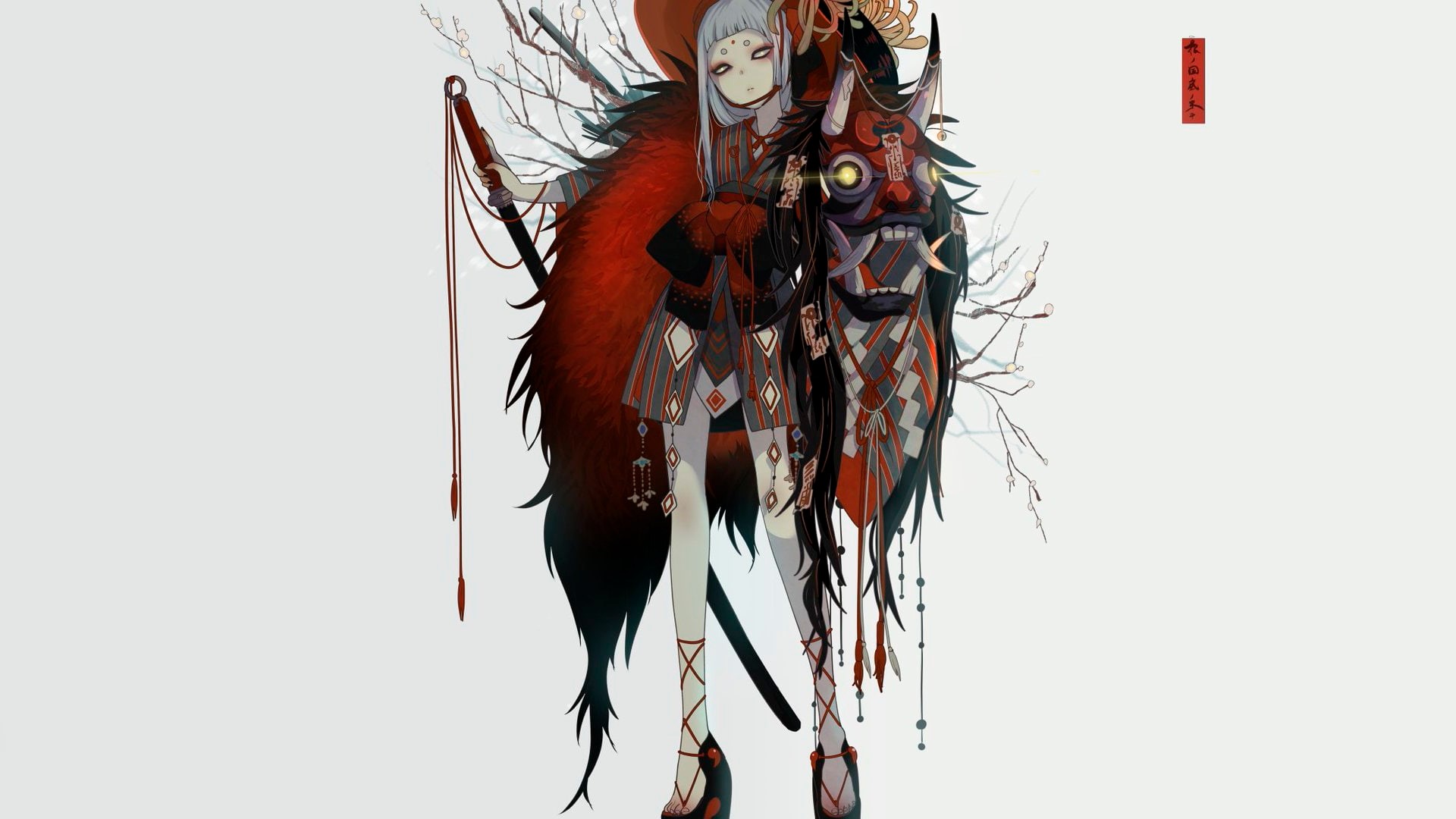 Anime girl with Oni mask and red fur HD Wallpaper