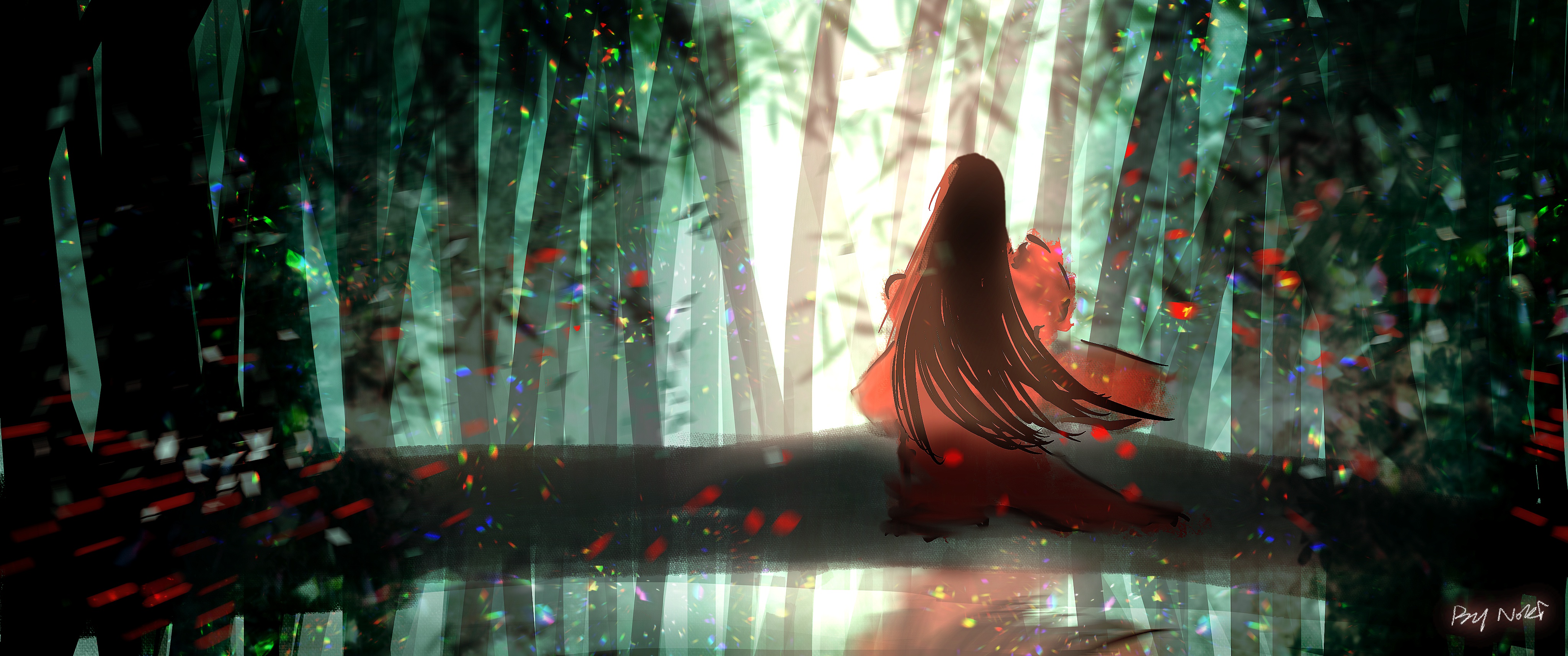 Girl Sitting in Bamboo Forest HD Wallpaper