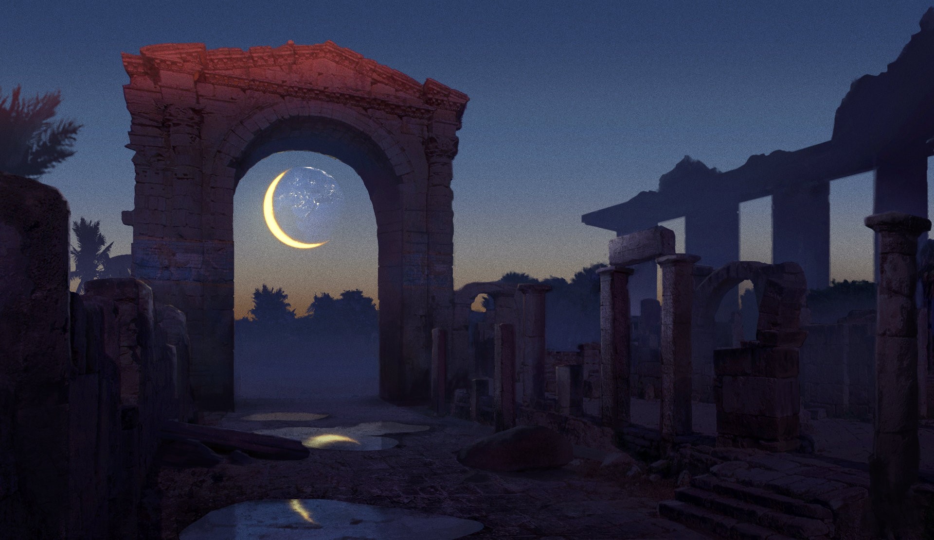 Artwork of ancient ruins under a crescent moon HD Wallpaper