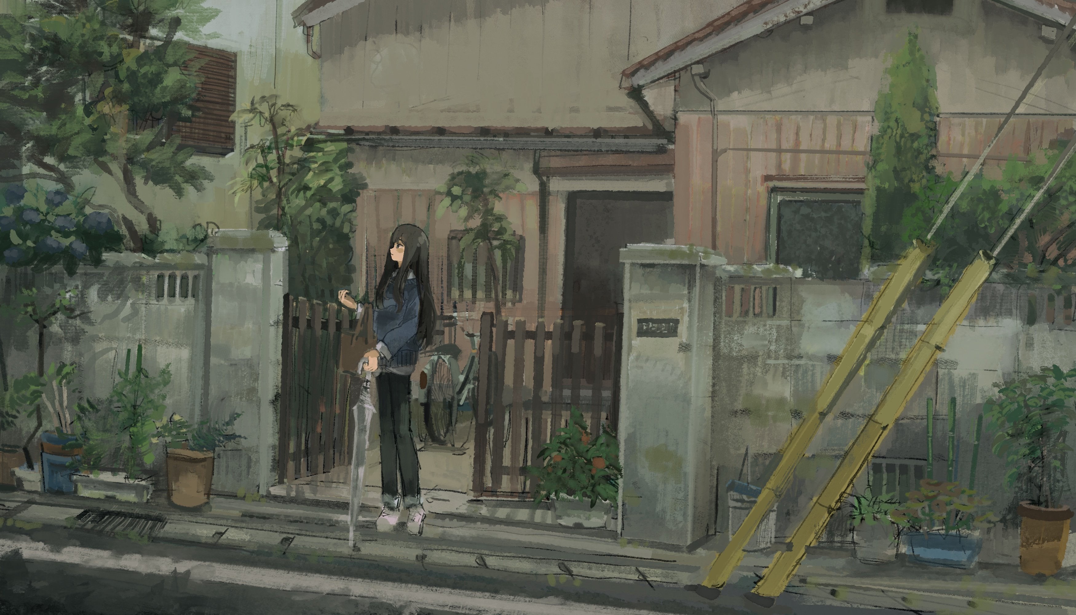 Anime girl with umbrella standing on street HD Wallpaper