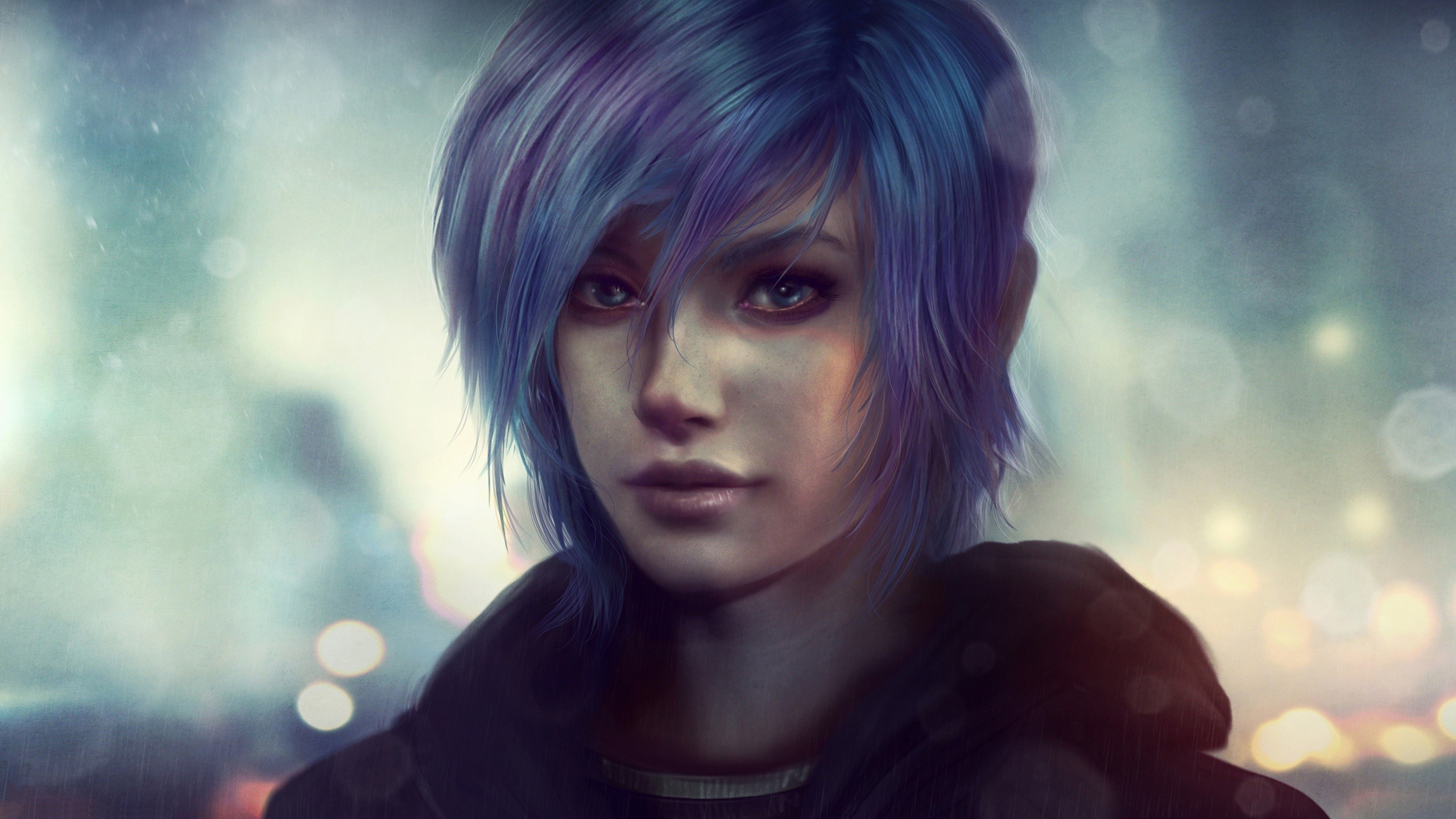 Artwork of a woman with blue and purple dyed hair HD Wallpaper