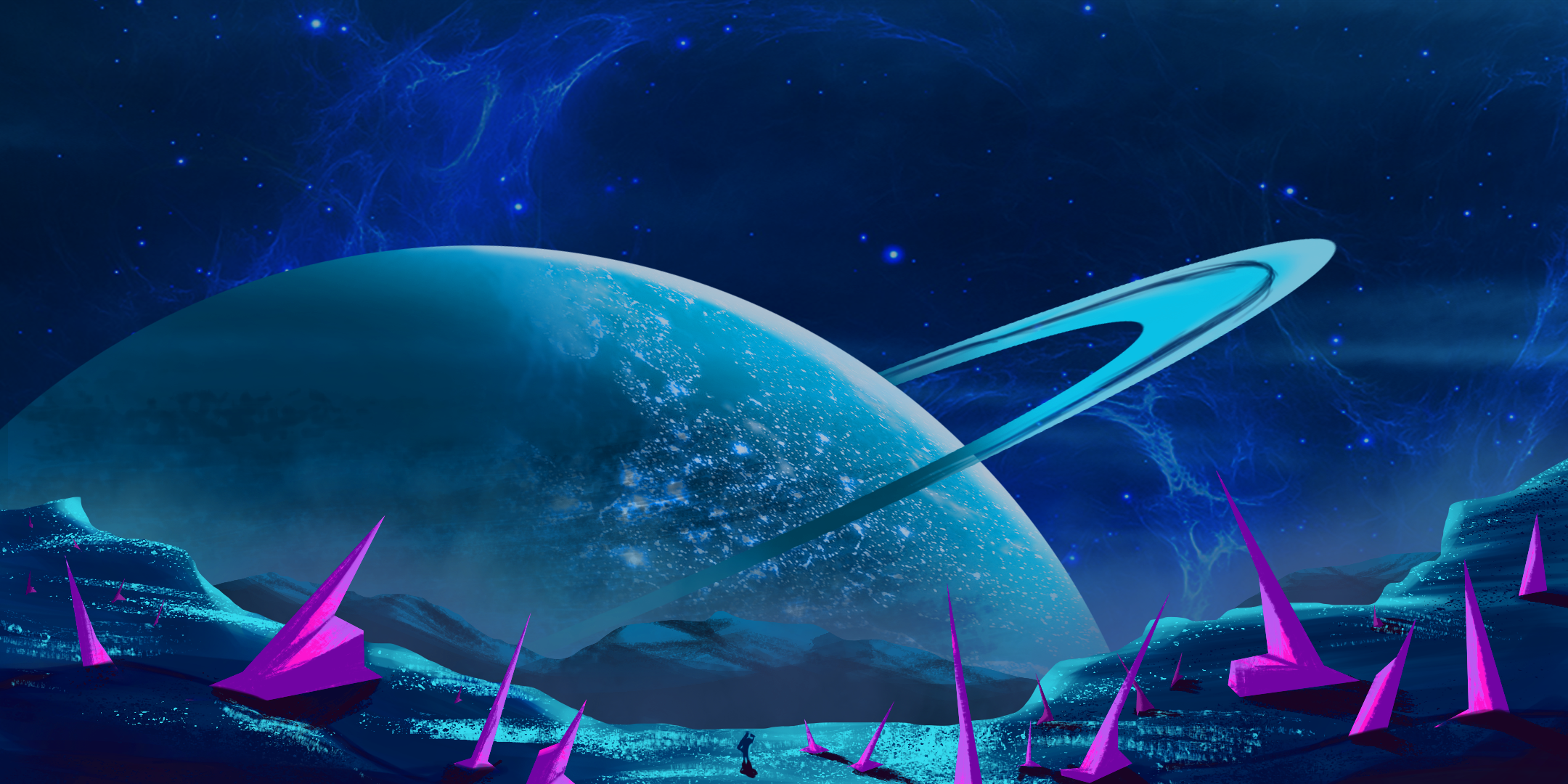 Alien planet with rings and crystal formations HD Wallpaper