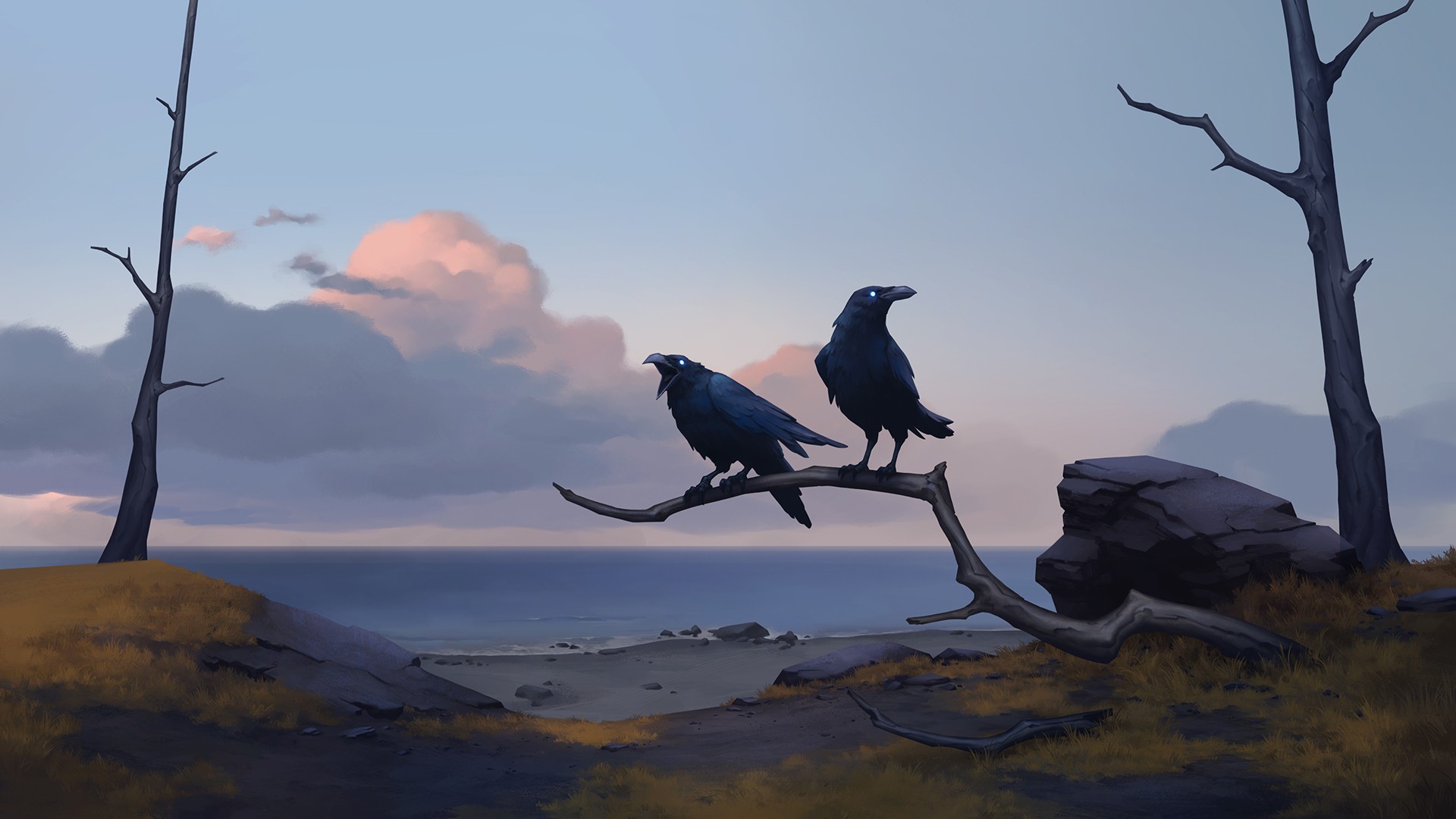 Two ravens perched on a dead branch overlooking the sea HD Wallpaper