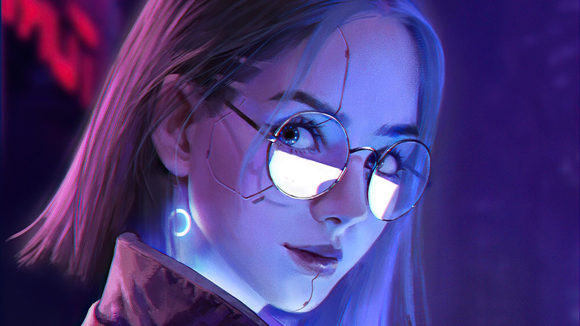 Artwork of a woman with glasses and cybernetic implants HD Wallpaper