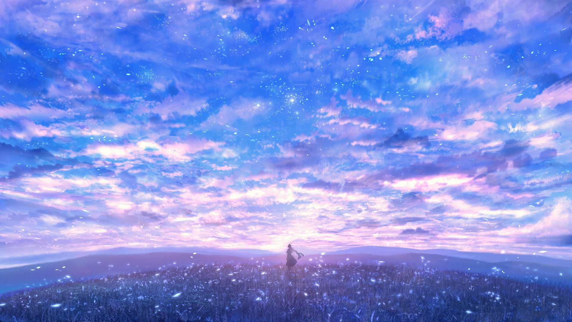 Girl in a field of flowers under a starry sky HD Wallpaper