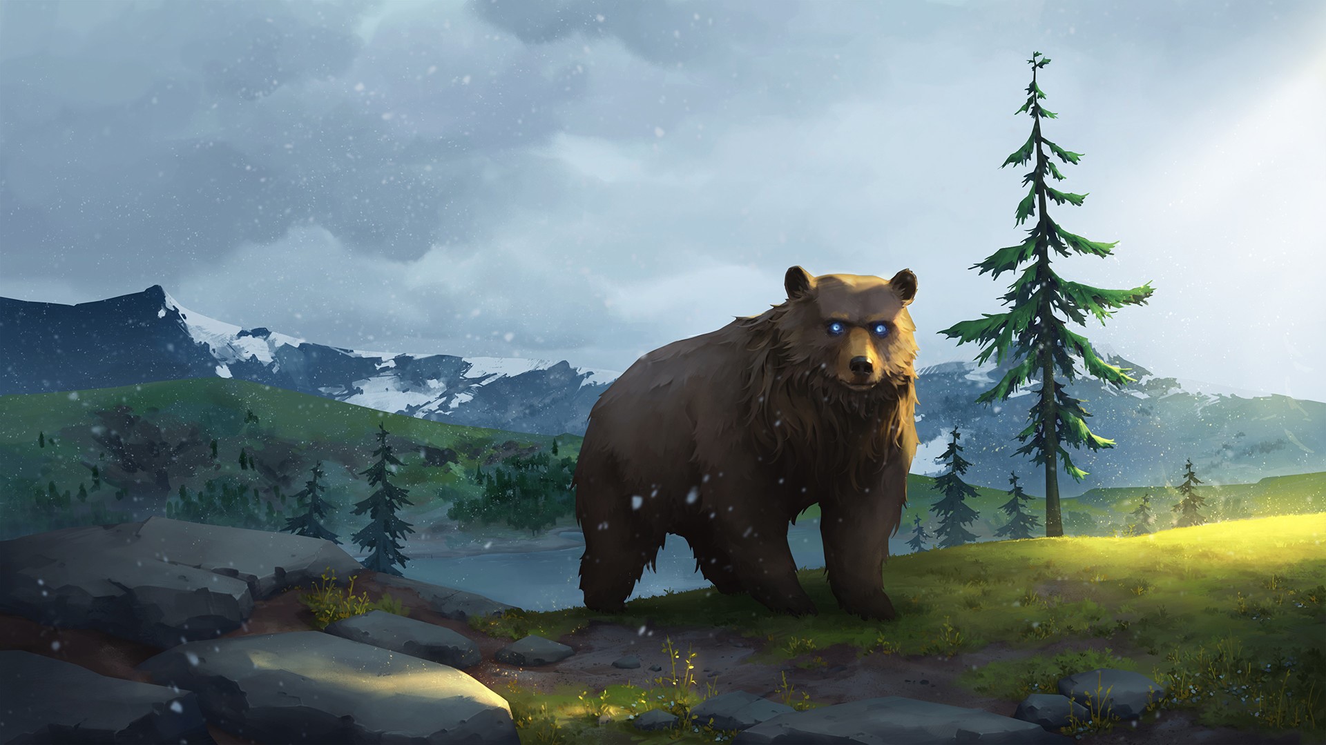 Bear in a snowy mountain landscape from Northgard HD Wallpaper