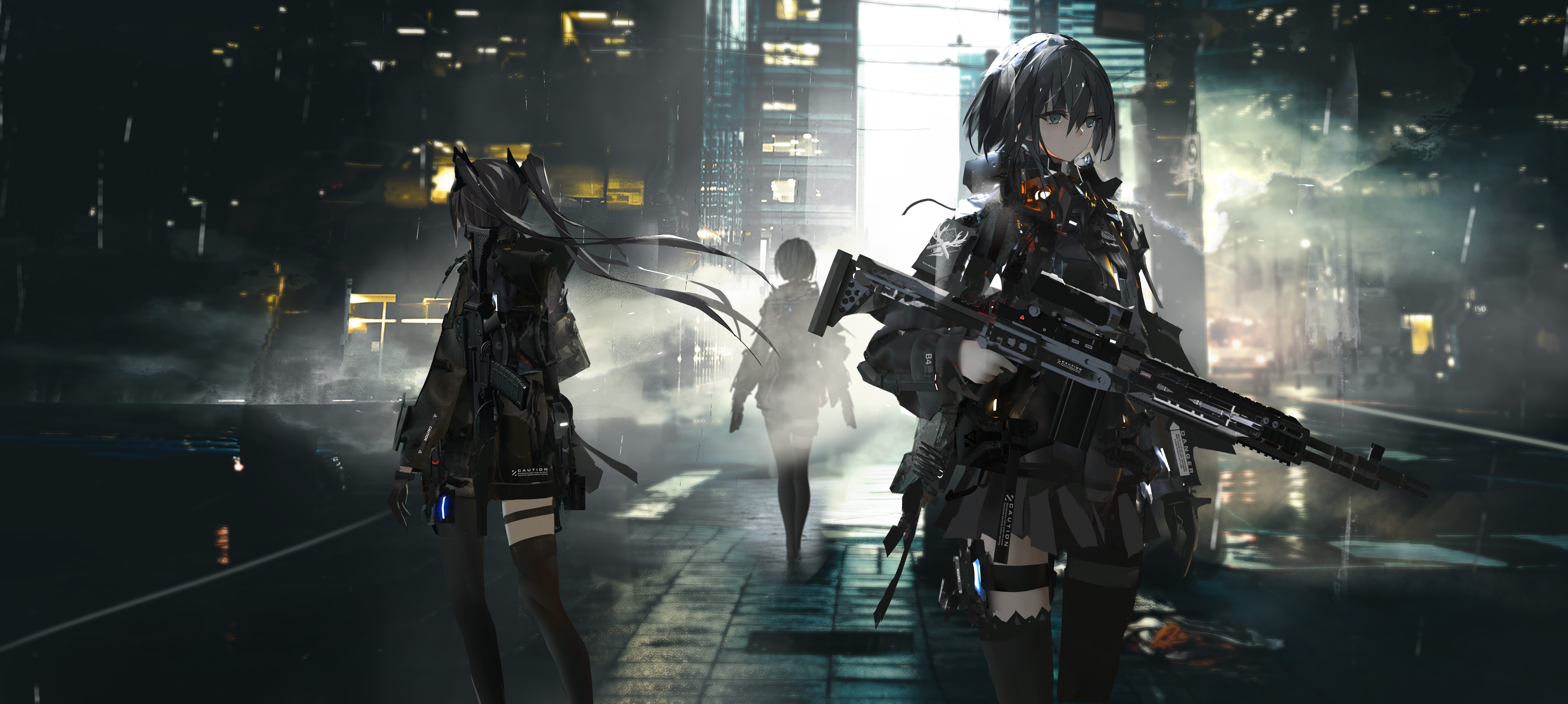 Anime girls with weapons in a futuristic city HD Wallpaper