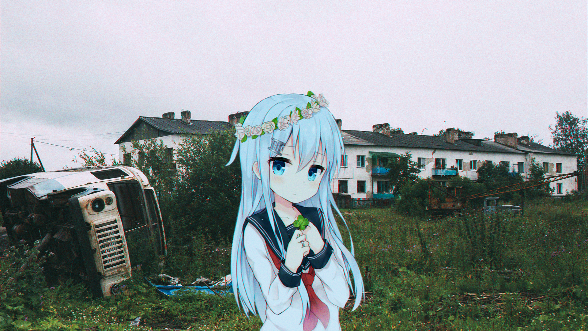 Anime girl with flower crown in abandoned Russian village HD Wallpaper